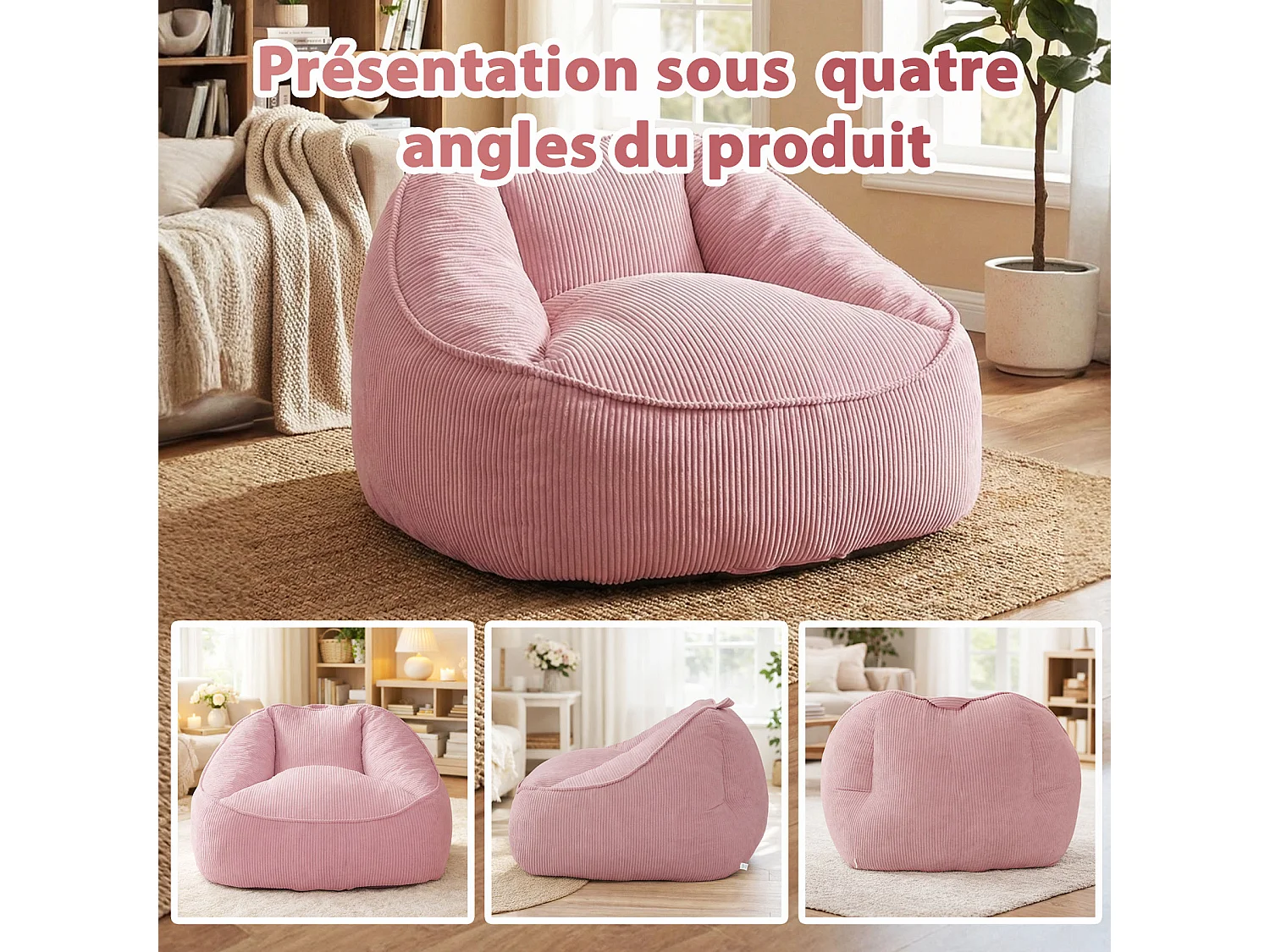 Pouf poire en velours côtelé, effet cocon et base antidérapante pour chambre et salon