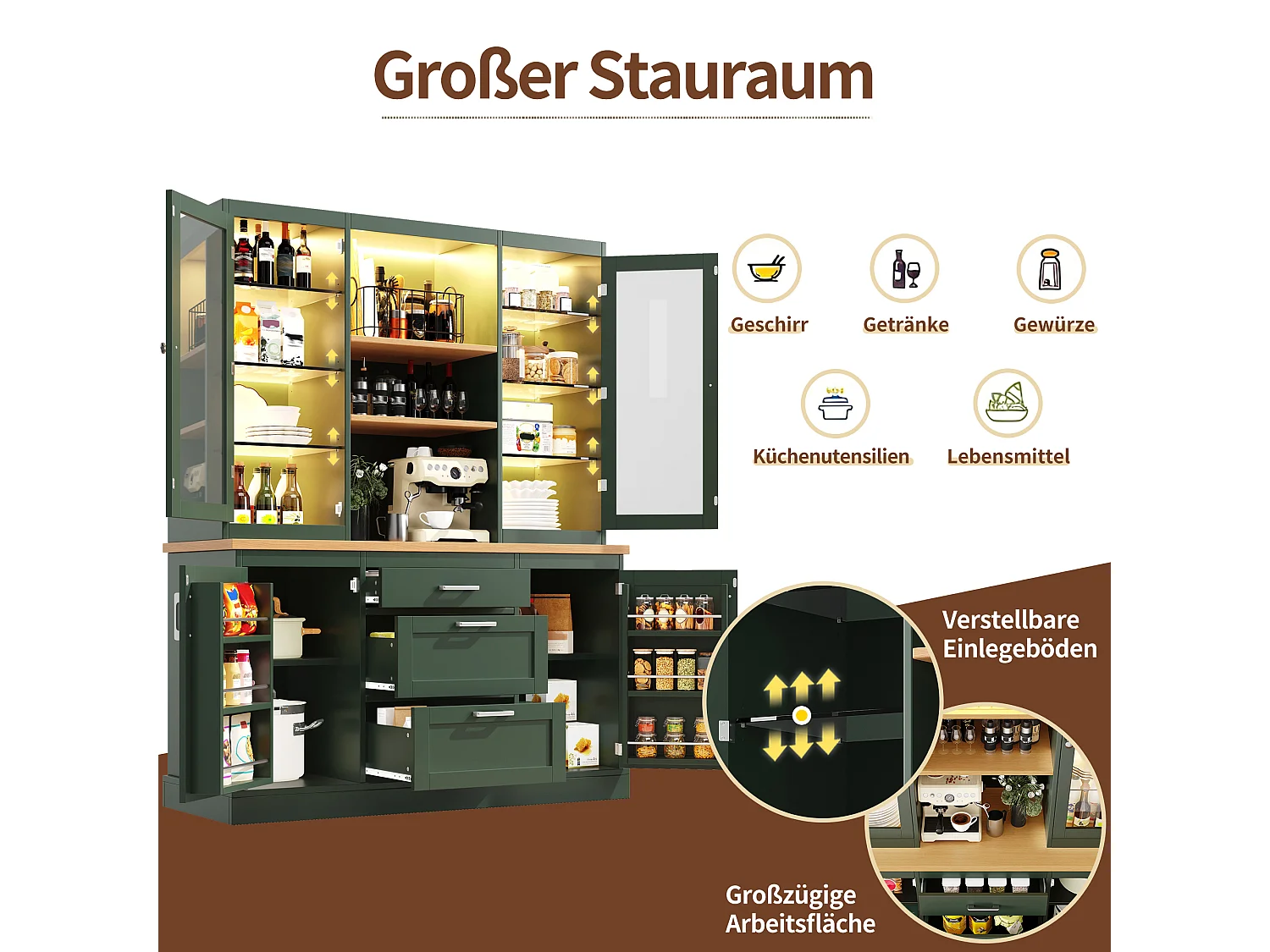Meuble de cuisine avec éclairage LED 185 x 140 x 40 cm , 3 tiroirs, plan de travail, étagères réglables,vert