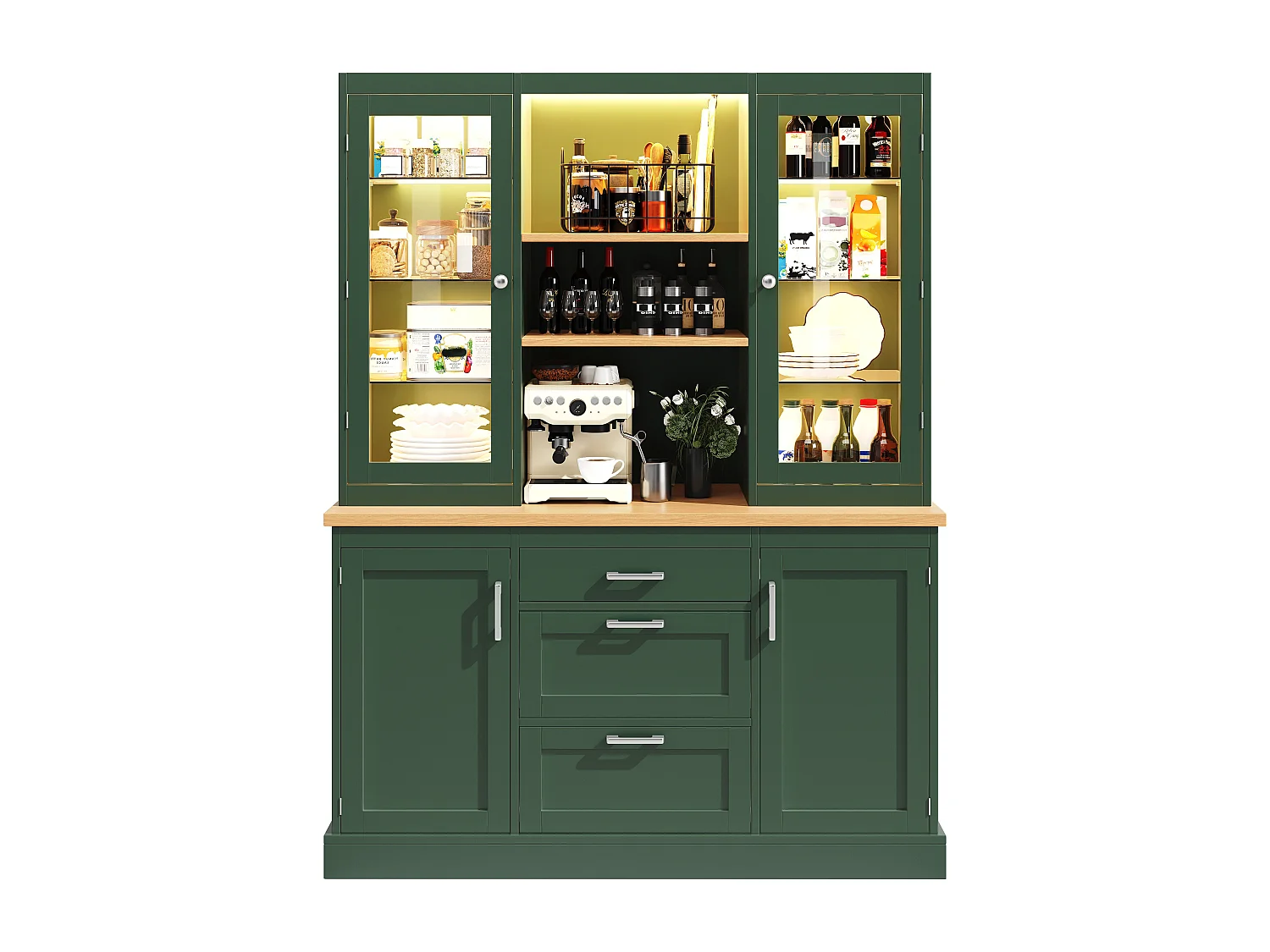 Meuble de cuisine avec éclairage LED 185 x 140 x 40 cm , 3 tiroirs, plan de travail, étagères réglables,vert