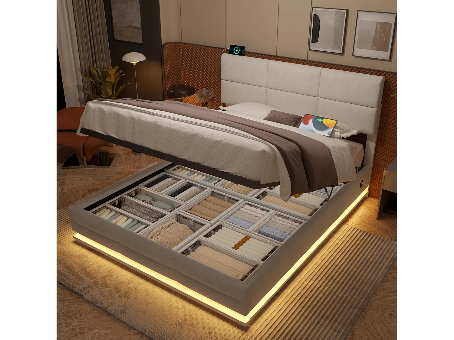 Lit coffre 140x200 velours beige LED USB/Type-C tête réglable, rangement, sans matelas