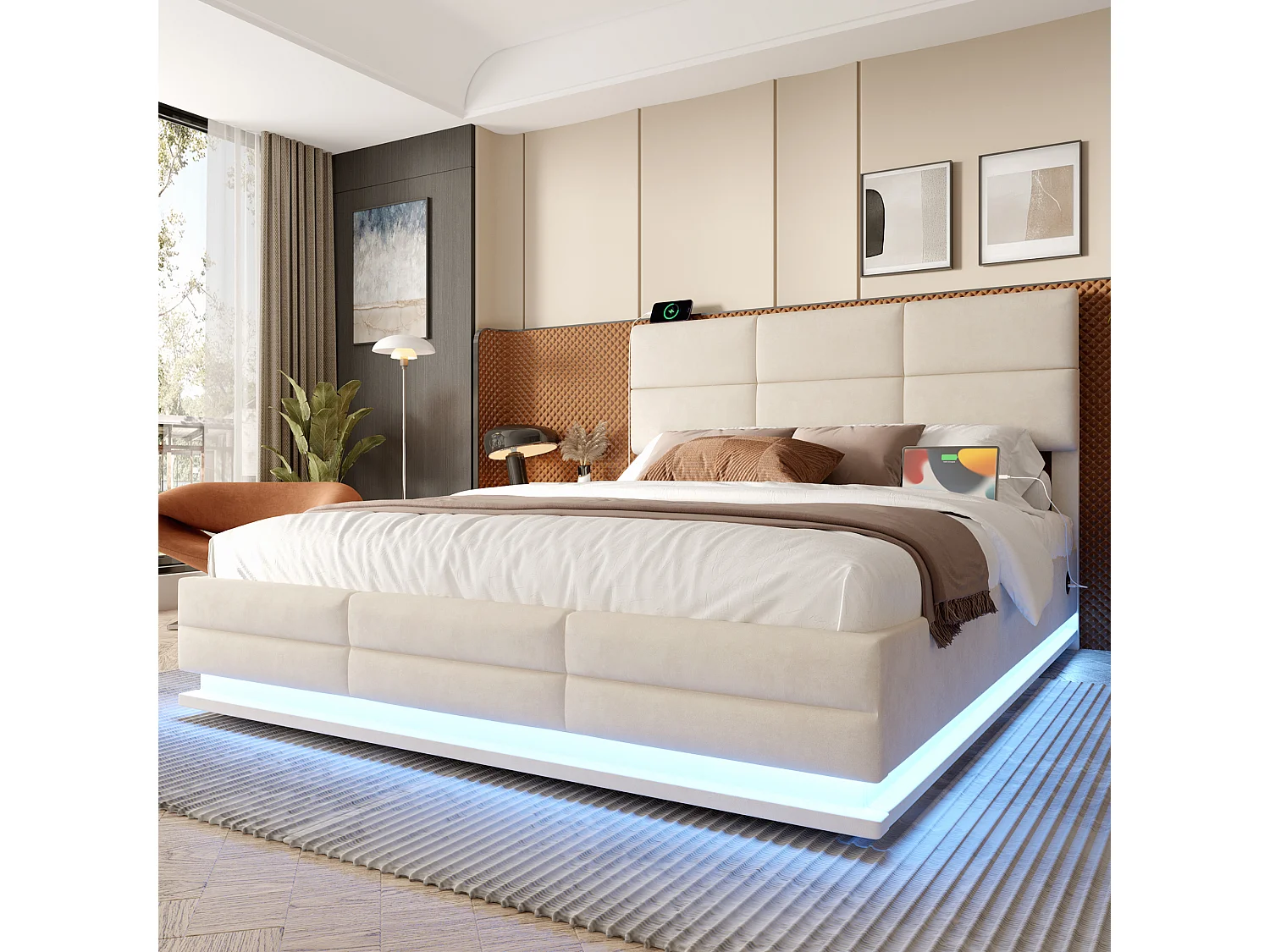 Lit coffre 140x200 velours beige LED USB/Type-C tête réglable, rangement, sans matelas