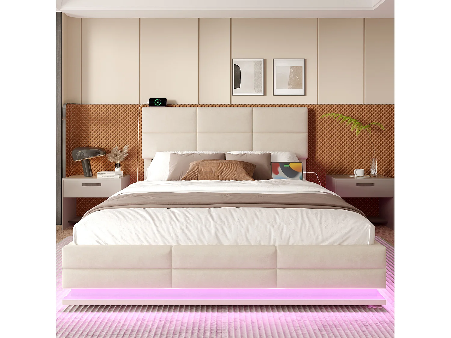 Lit coffre 140x200 velours beige LED USB/Type-C tête réglable, rangement, sans matelas