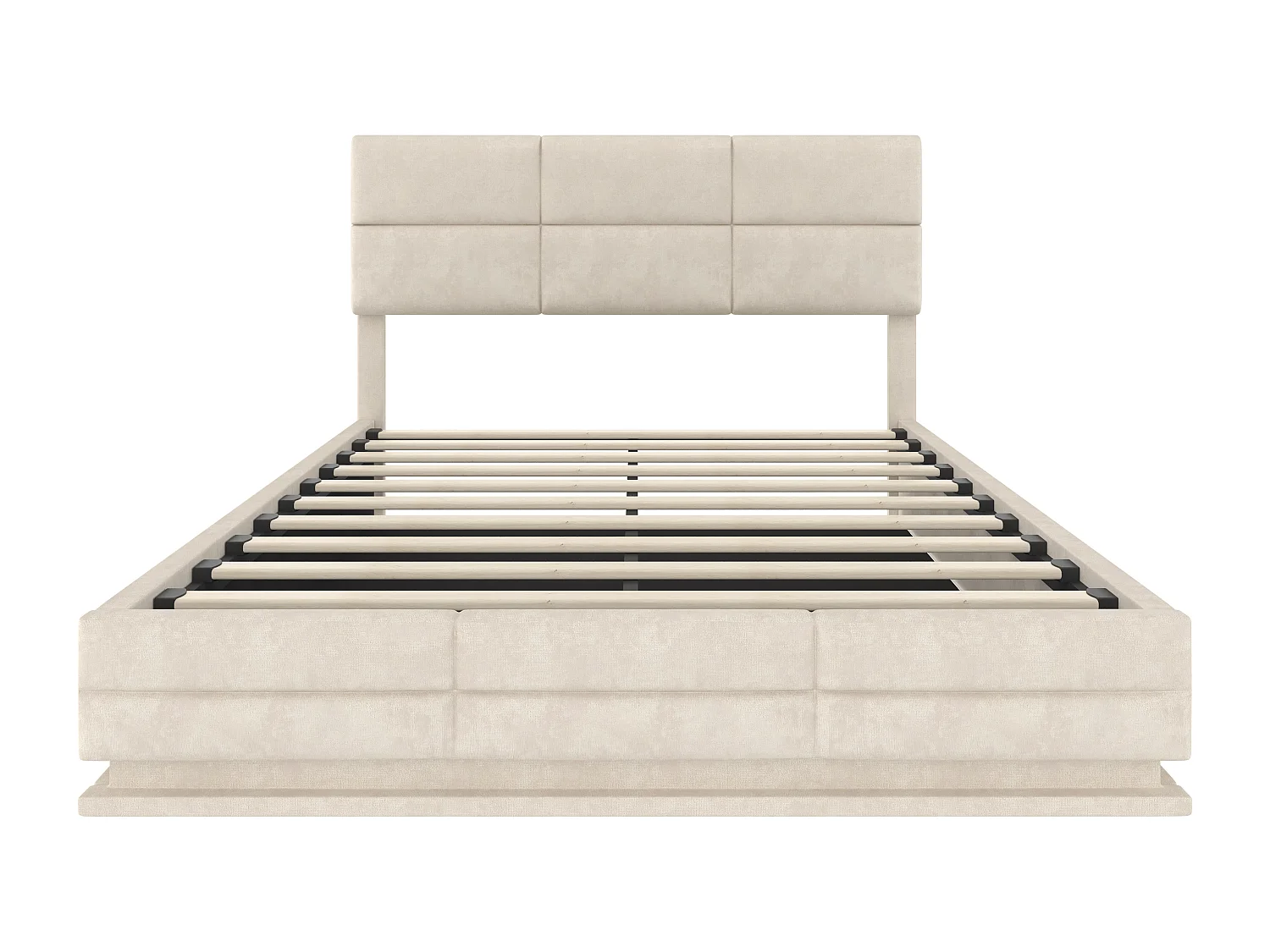 Lit coffre 140x200 velours beige LED USB/Type-C tête réglable, rangement, sans matelas