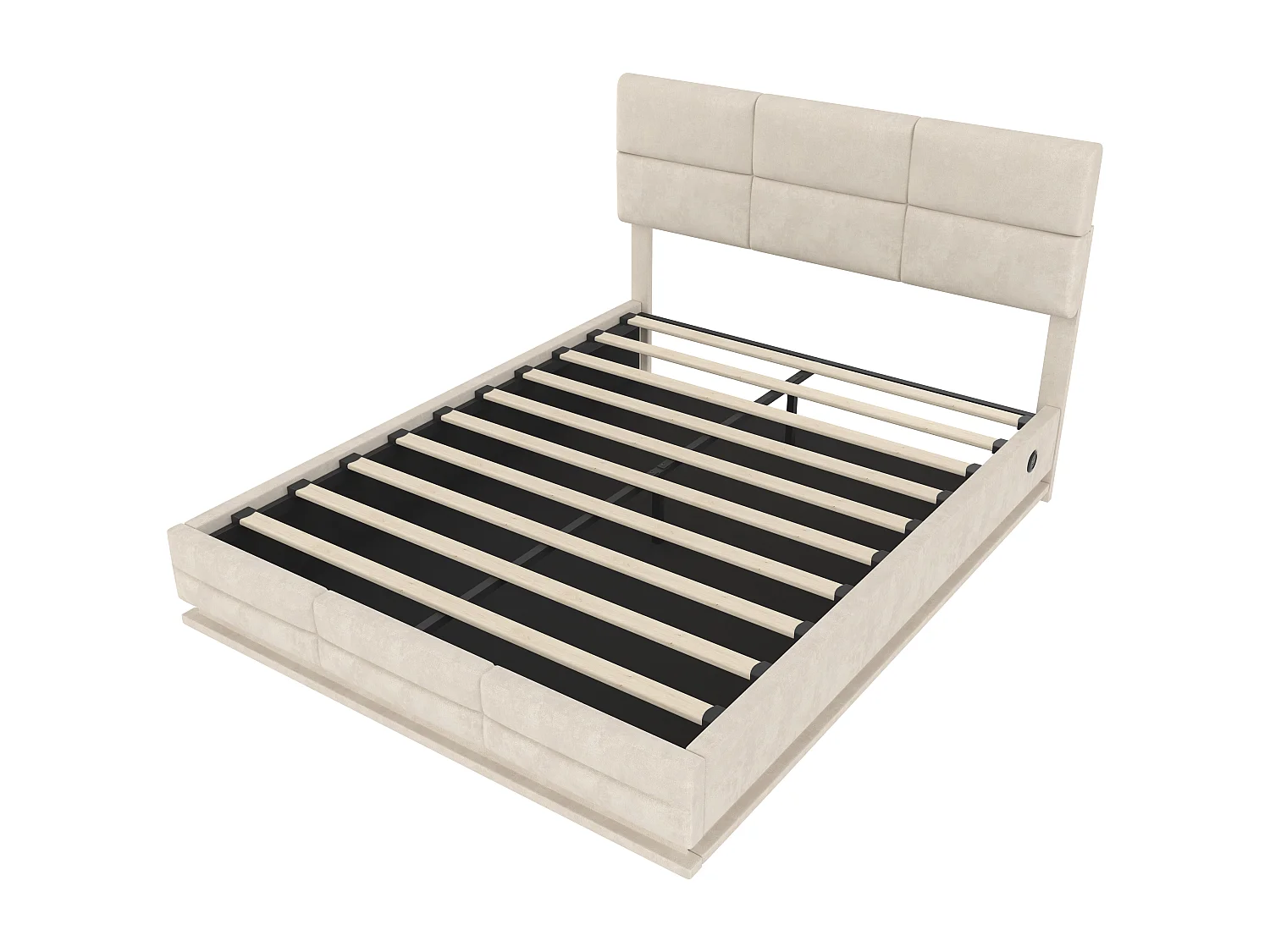 Lit coffre 140x200 velours beige LED USB/Type-C tête réglable, rangement, sans matelas
