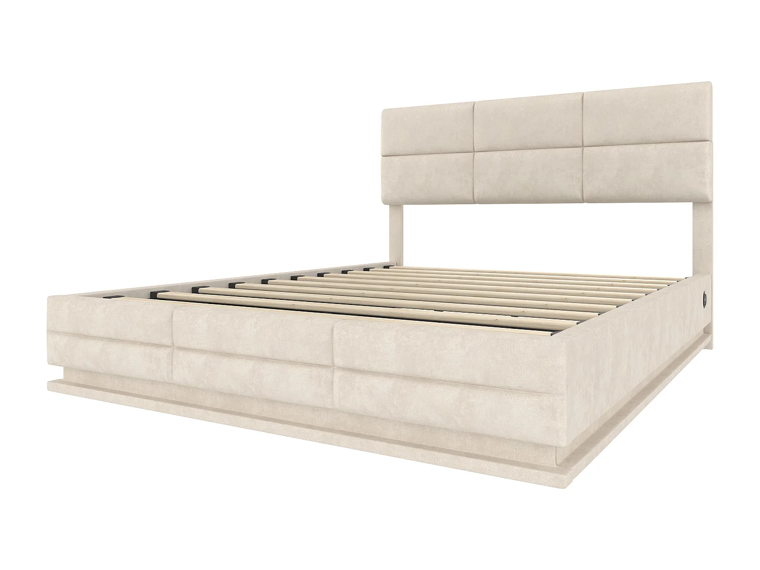 Lit coffre 140x200 velours beige LED USB/Type-C tête réglable, rangement, sans matelas