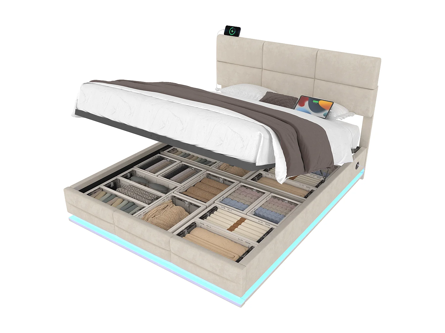 Lit coffre 140x200 velours beige LED USB/Type-C tête réglable, rangement, sans matelas