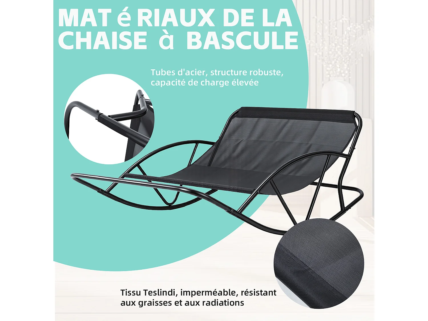 Fauteuil à bascule 2 places avec coussin en tissu rayé – chaise lounge confortable à structure en acier pour balcon, terrasse ou salon