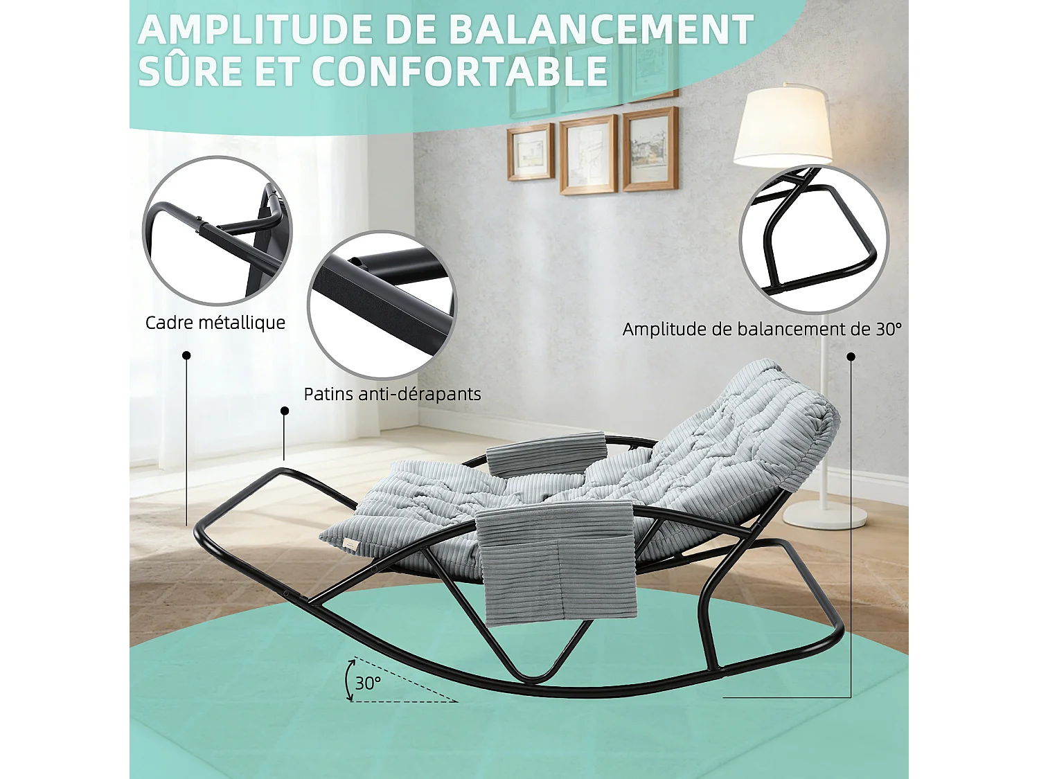 Fauteuil à bascule 2 places avec coussin en tissu rayé – chaise lounge confortable à structure en acier pour balcon, terrasse ou salon