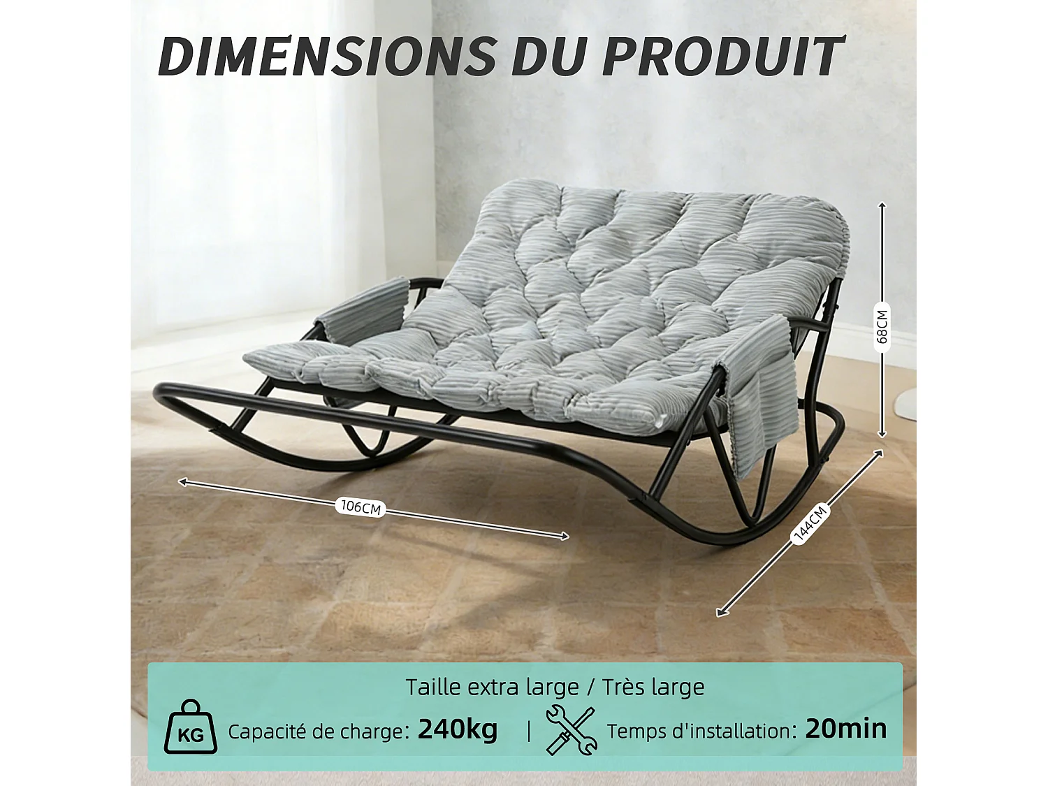 Fauteuil à bascule 2 places avec coussin en tissu rayé – chaise lounge confortable à structure en acier pour balcon, terrasse ou salon