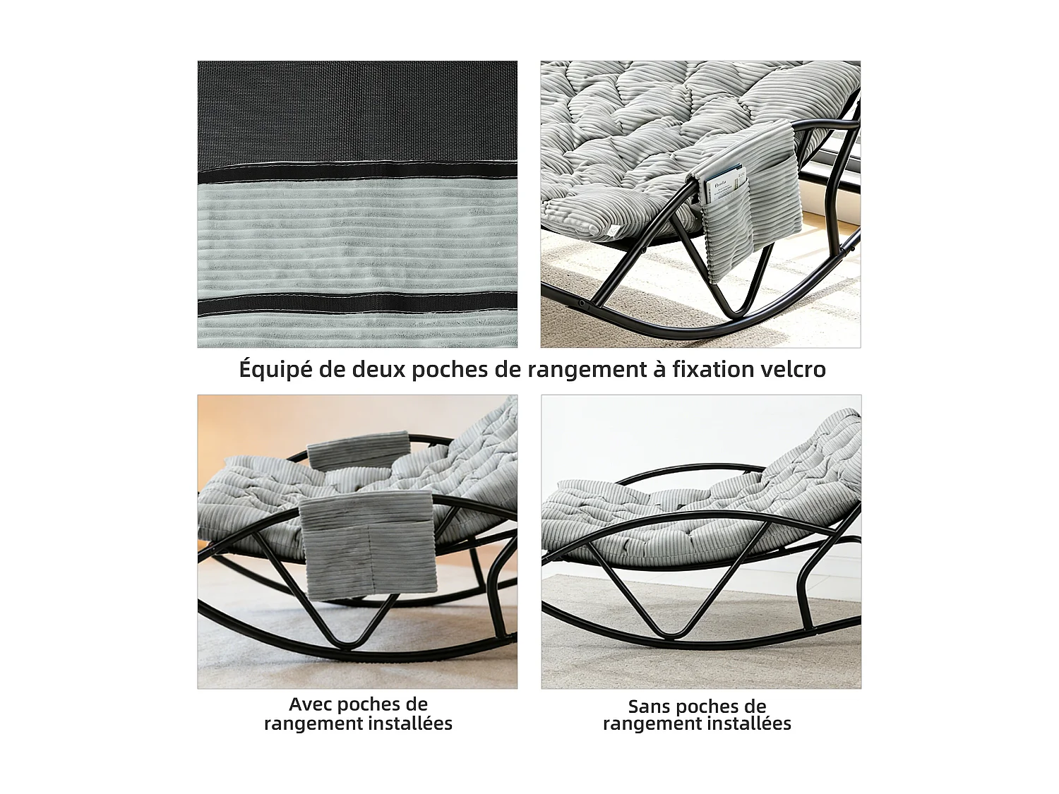 Fauteuil à bascule 2 places avec coussin en tissu rayé – chaise lounge confortable à structure en acier pour balcon, terrasse ou salon