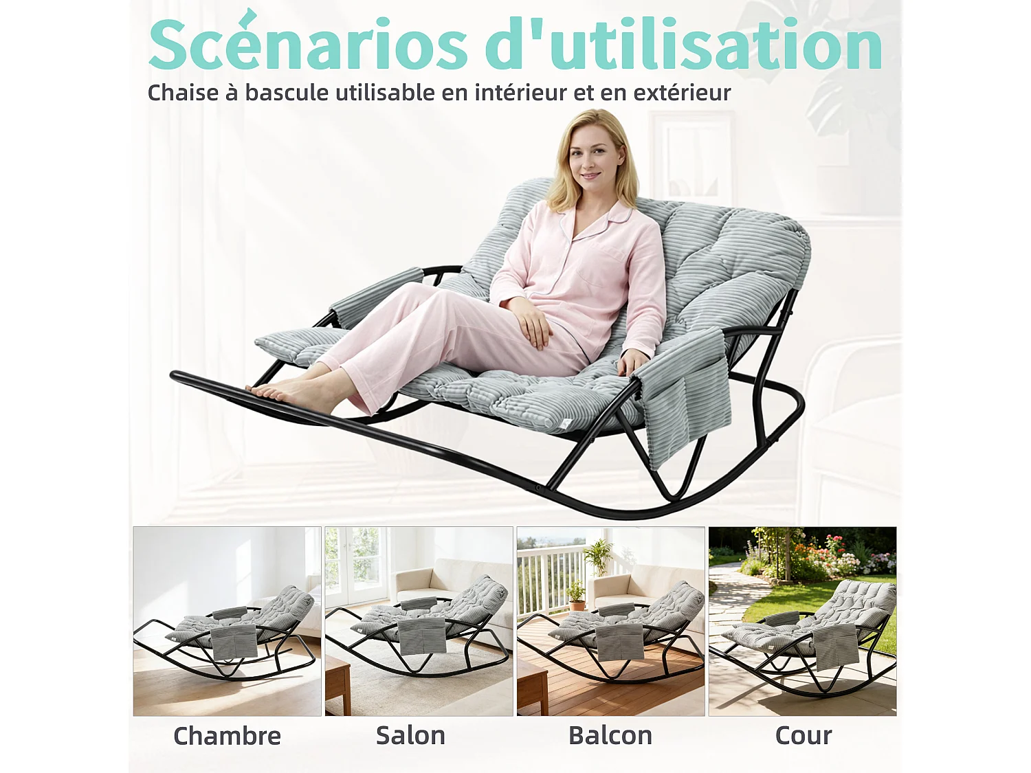 Fauteuil à bascule 2 places avec coussin en tissu rayé – chaise lounge confortable à structure en acier pour balcon, terrasse ou salon