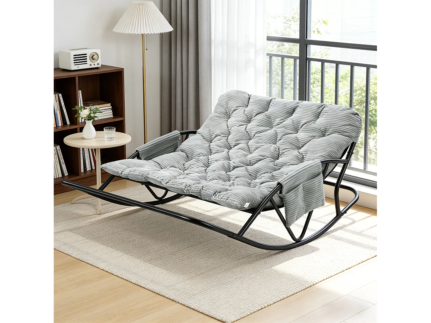Fauteuil à bascule 2 places avec coussin en tissu rayé – chaise lounge confortable à structure en acier pour balcon, terrasse ou salon
