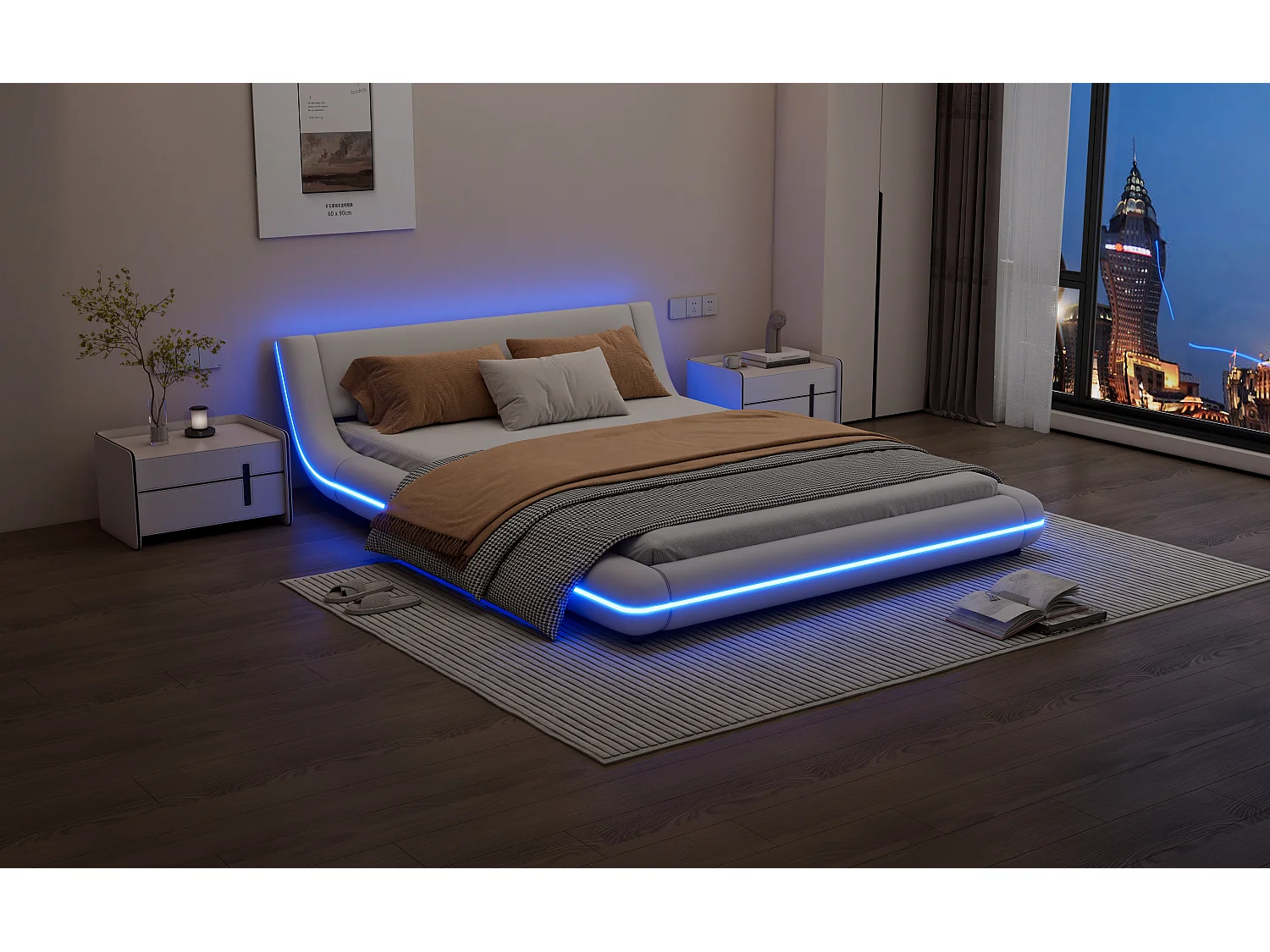 Lit bas/Lit confortable 140×200cm - PU doux - LED d’ambiance réglable - moderne - Couchage cocooning