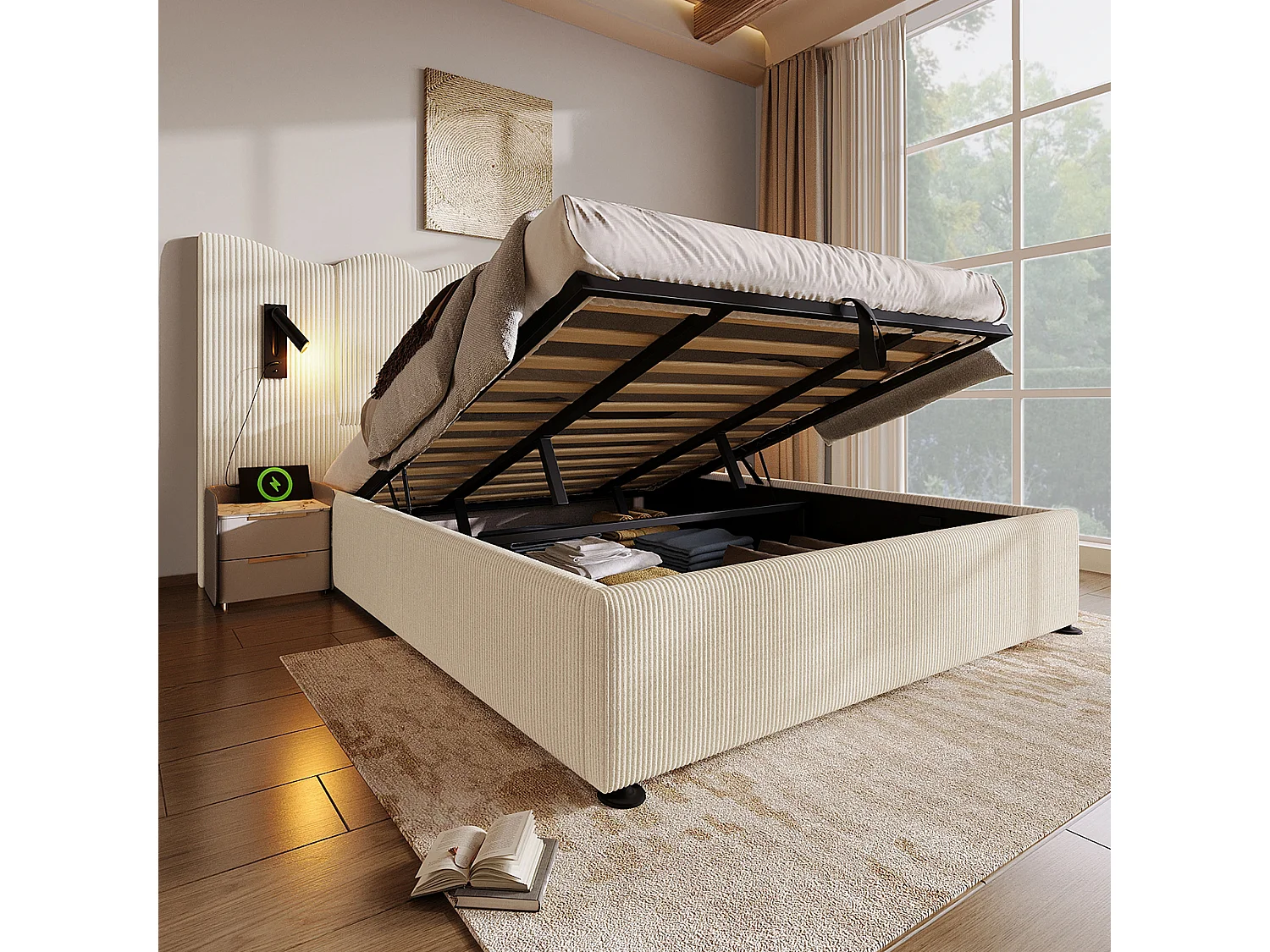 Lit coffre 180x200 avec liseuse et USB-C, sommier à lattes, velours côtelé, beige
