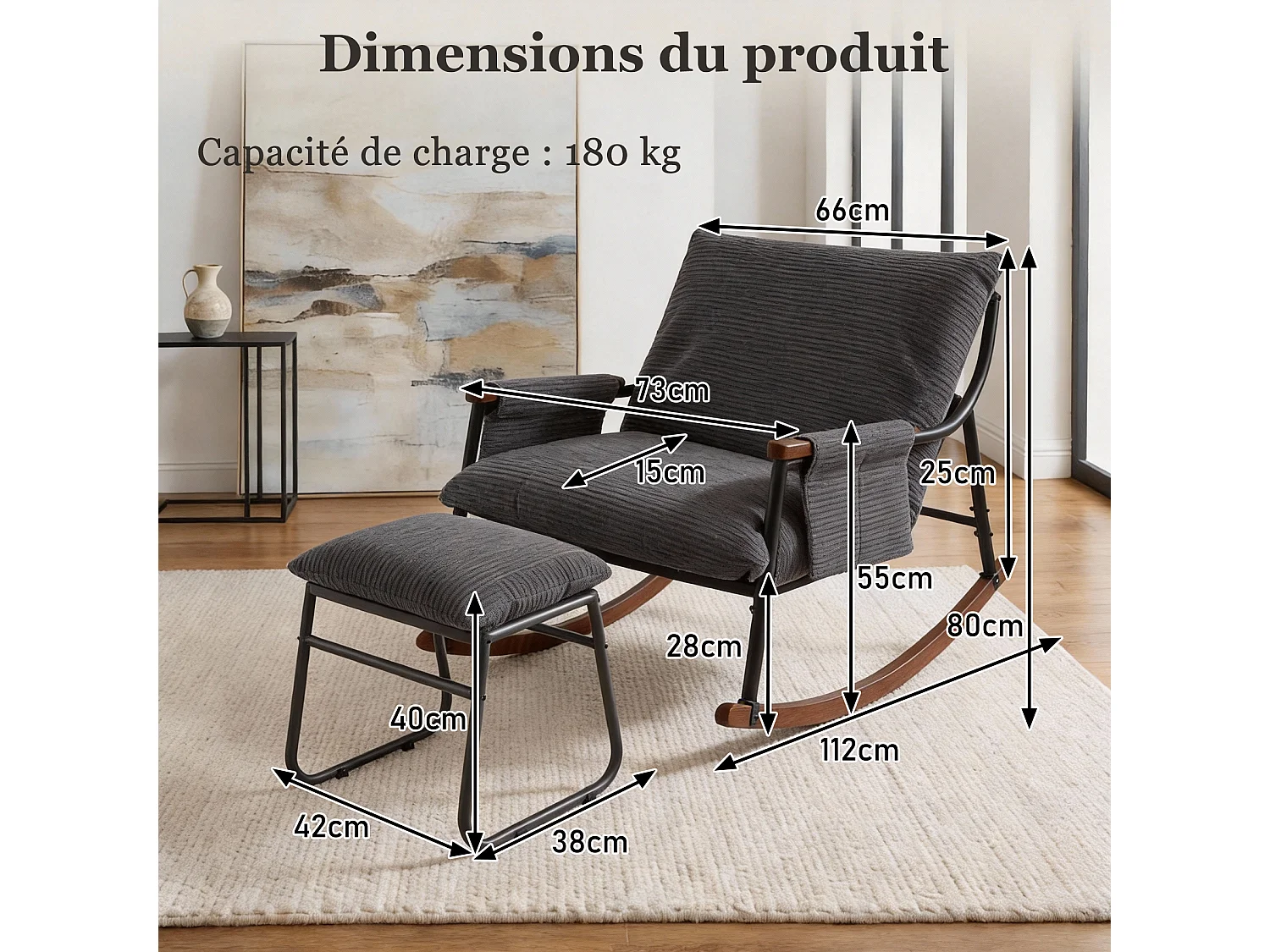 Confort Exceptionnel – Fauteuil à Bascule en Métal avec Accoudoirs en Bois et Repose-pieds, Coussin Épais de 15 cm, Design Moderne en Tissu Rayé, Idéal pour le Salo