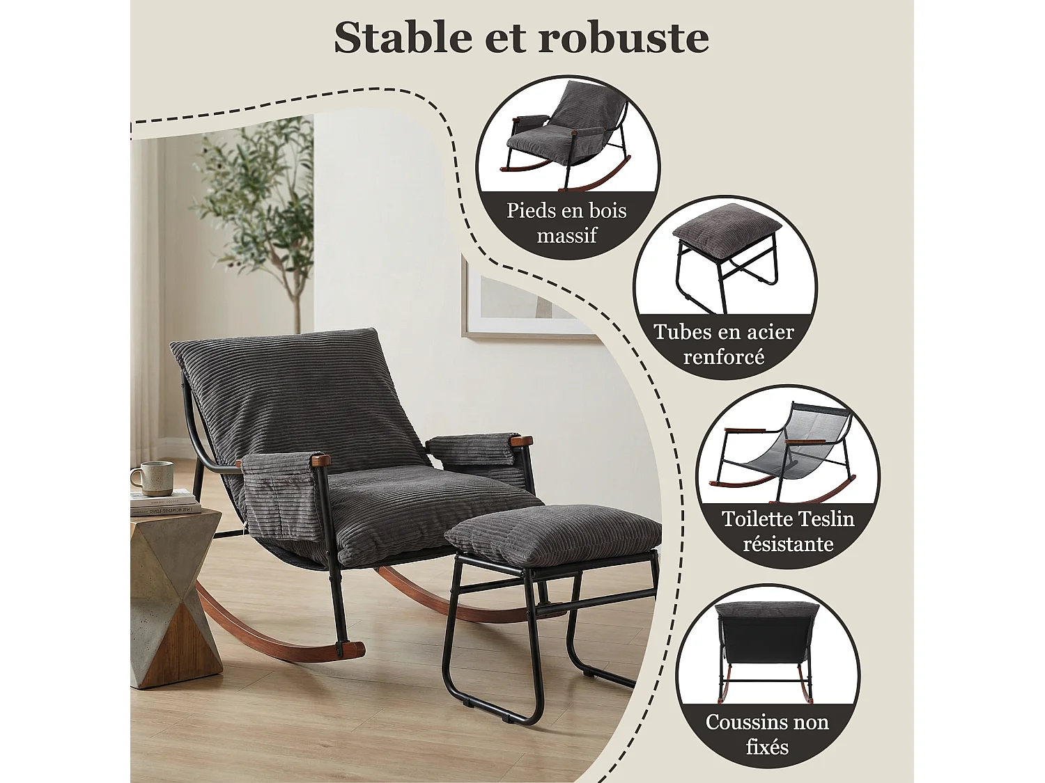 Confort Exceptionnel – Fauteuil à Bascule en Métal avec Accoudoirs en Bois et Repose-pieds, Coussin Épais de 15 cm, Design Moderne en Tissu Rayé, Idéal pour le Salo