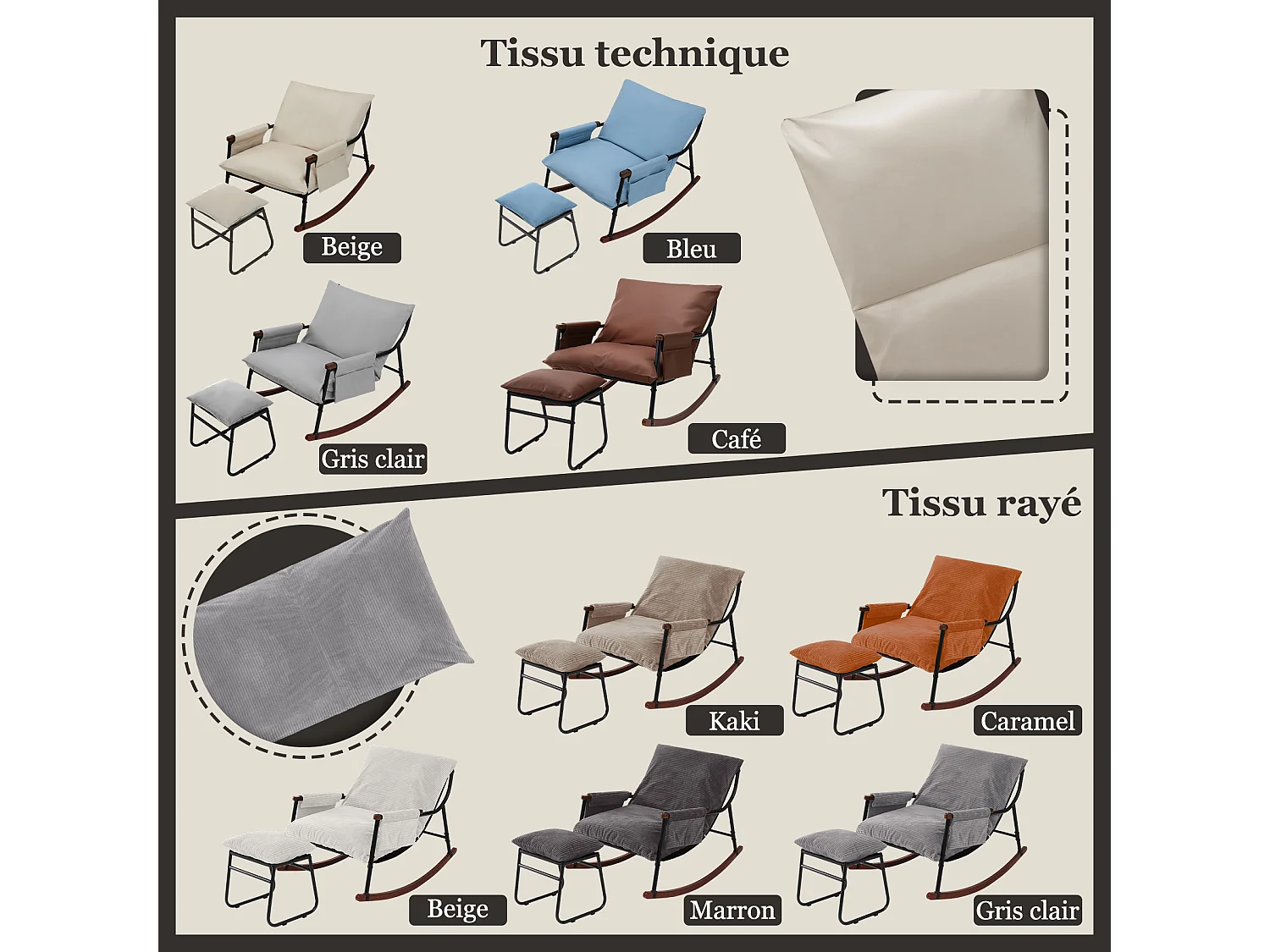 Confort Exceptionnel – Fauteuil à Bascule en Métal avec Accoudoirs en Bois et Repose-pieds, Coussin Épais de 15 cm, Design Moderne en Tissu Rayé, Idéal pour le Salo