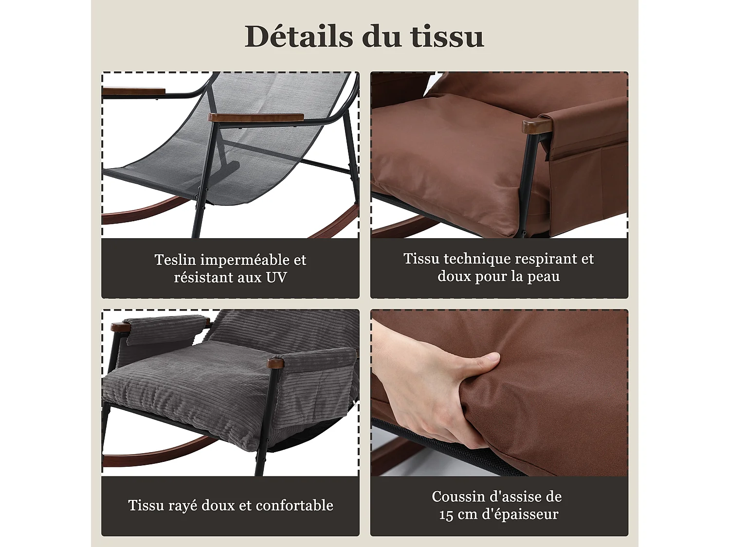 Confort Exceptionnel – Fauteuil à Bascule en Métal avec Accoudoirs en Bois et Repose-pieds, Coussin Épais de 15 cm, Design Moderne en Tissu Rayé, Idéal pour le Salo