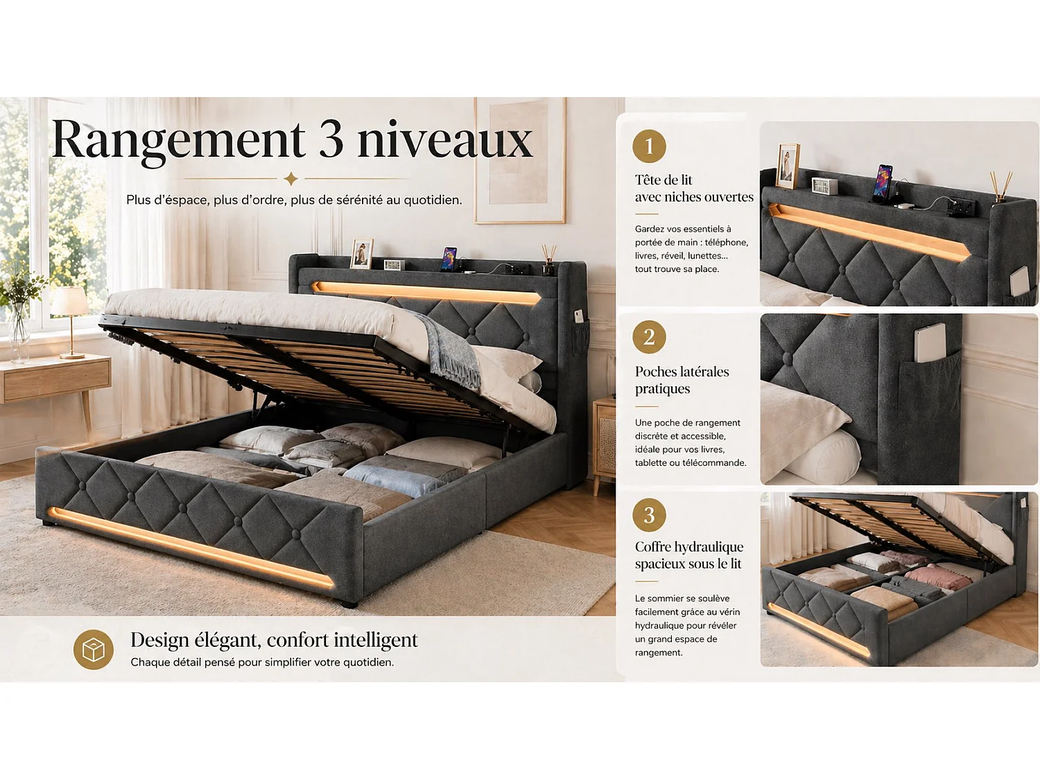 Lit coffre 140x190 - lit double compact avec rangement 3 niveaux, LED 360°, 3 USB + USB-C, lin - gris