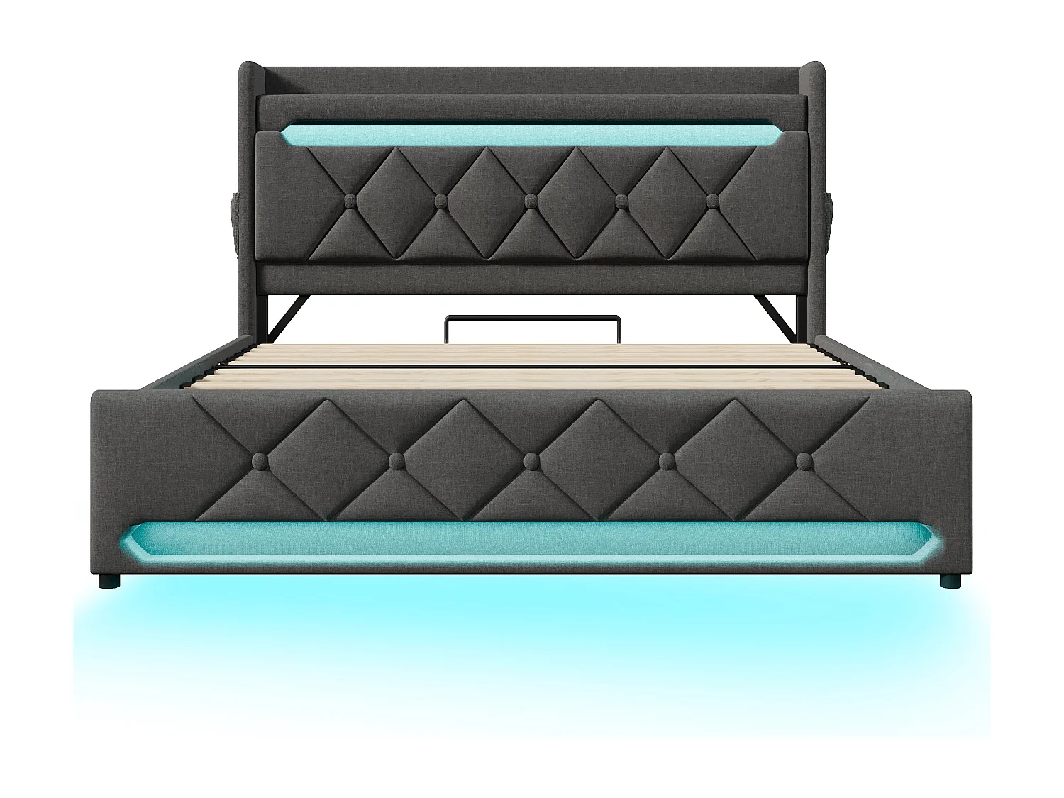 Lit coffre 140x190 - lit double compact avec rangement 3 niveaux, LED 360°, 3 USB + USB-C, lin - gris