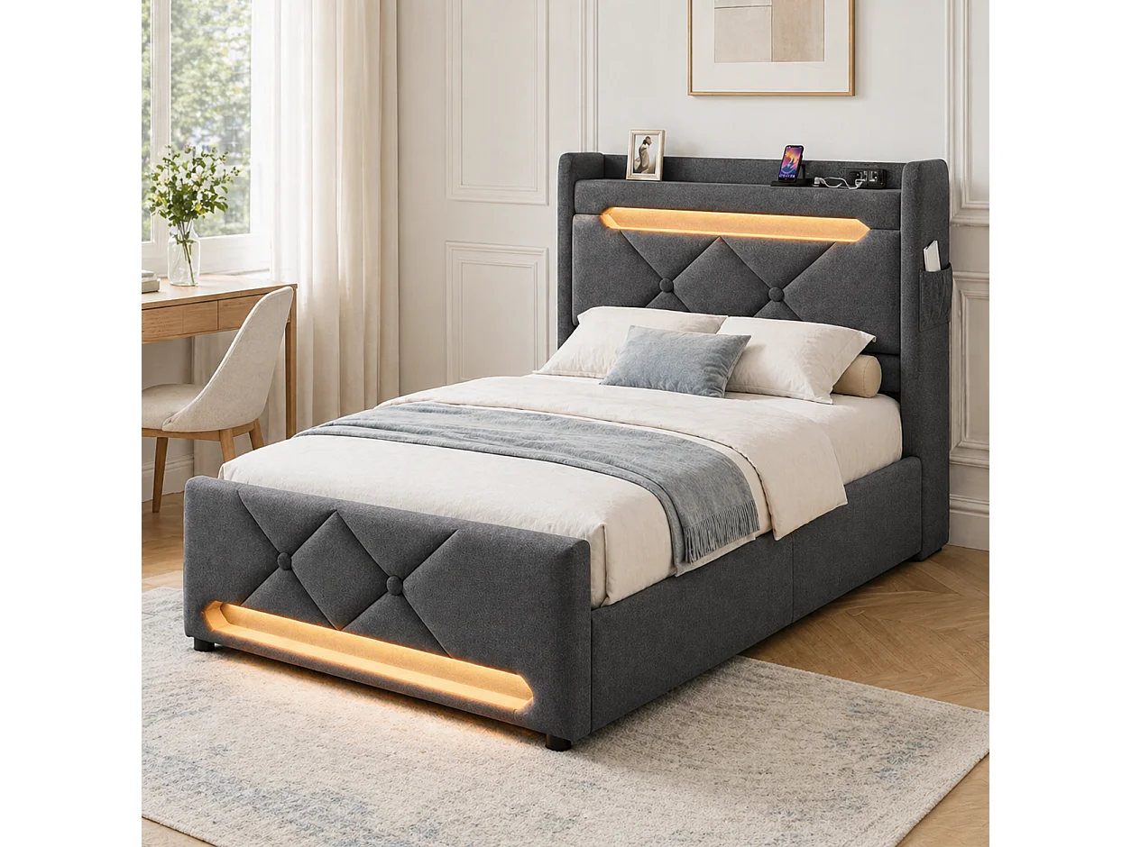 Lit coffre 140x190 - lit double compact avec rangement 3 niveaux, LED 360°, 3 USB + USB-C, lin - gris