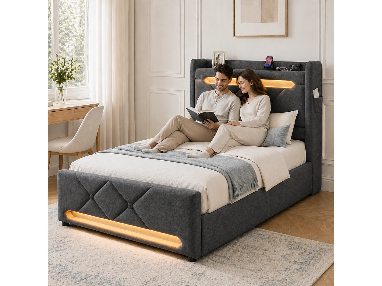 Lit coffre 140x190 - lit double compact avec rangement 3 niveaux, LED 360°, 3 USB + USB-C, lin - gris
