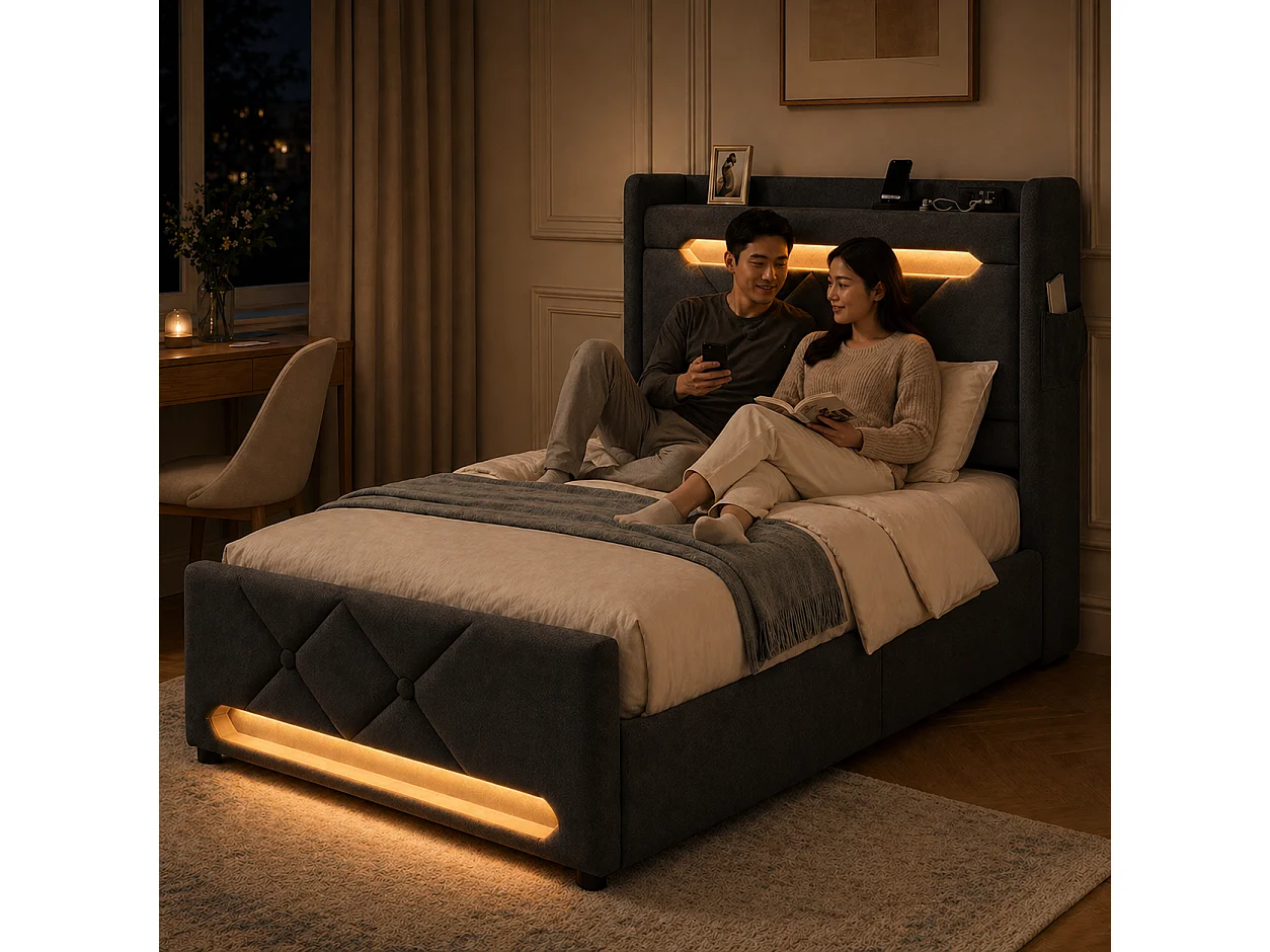 Lit coffre 140x190 - lit double compact avec rangement 3 niveaux, LED 360°, 3 USB + USB-C, lin - gris