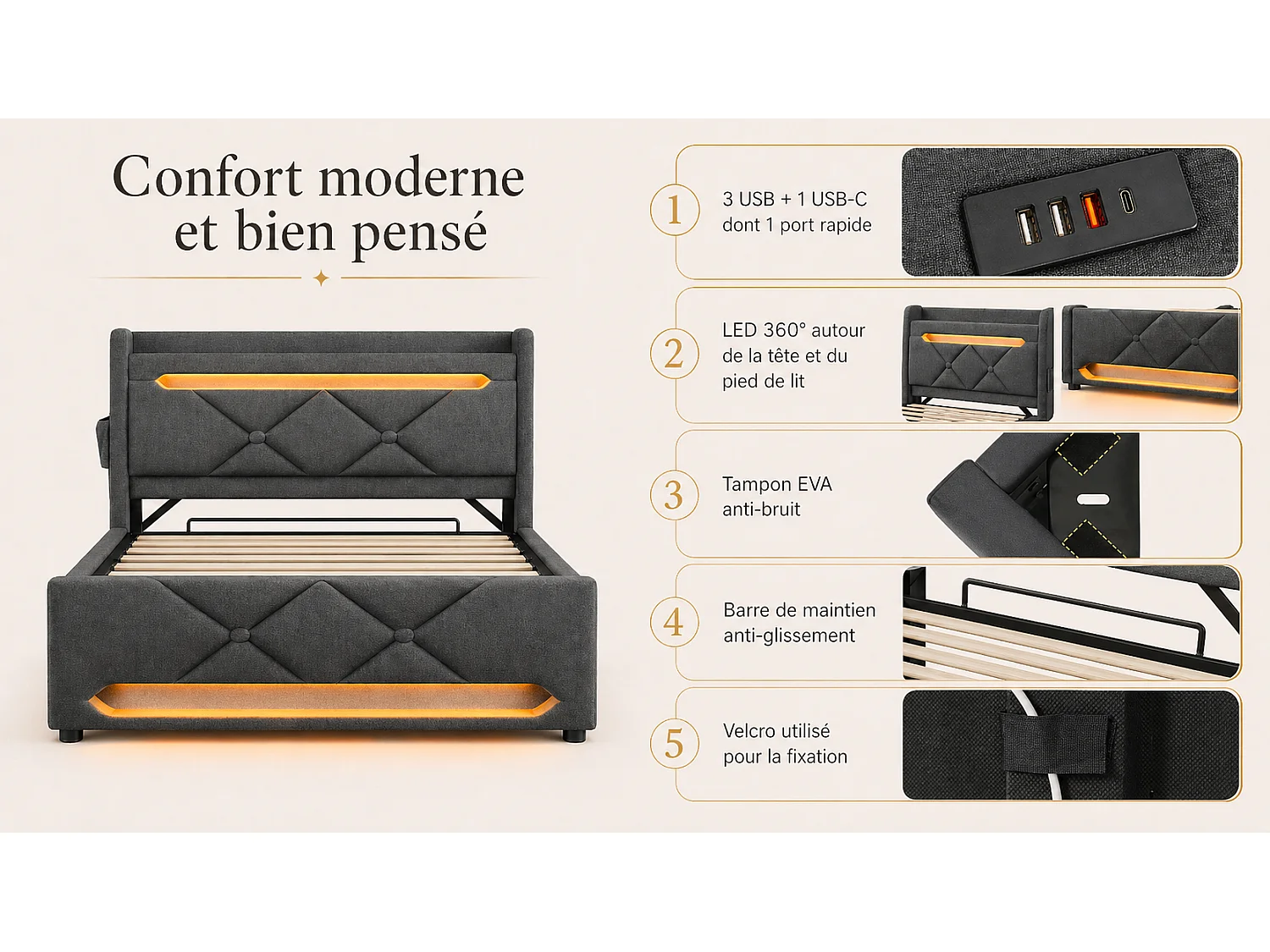 Lit coffre 140x190 - lit double compact avec rangement 3 niveaux, LED 360°, 3 USB + USB-C, lin - gris