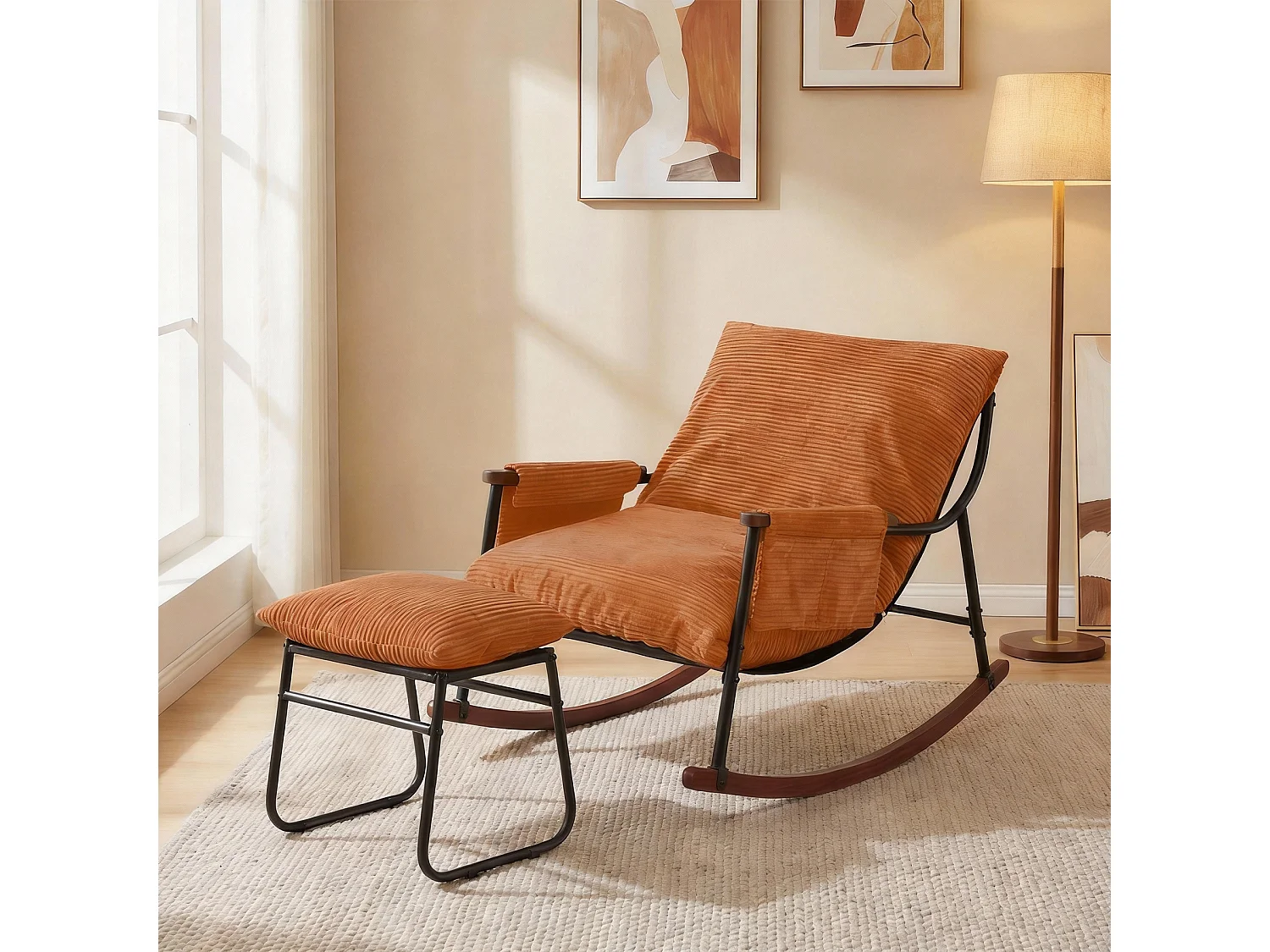 Confort Exceptionnel – Fauteuil à Bascule en Métal avec Accoudoirs en Bois et Repose-pieds, Coussin Épais de 15 cm, Design Moderne en Tissu Rayé, Idéal pour le Salo