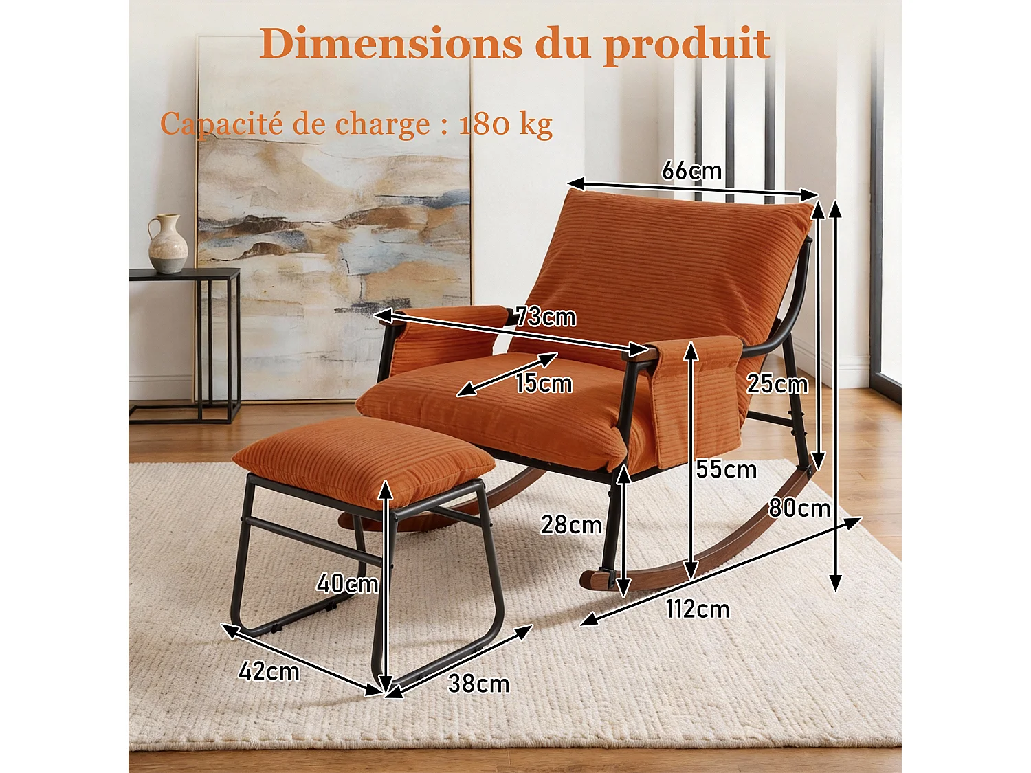 Confort Exceptionnel – Fauteuil à Bascule en Métal avec Accoudoirs en Bois et Repose-pieds, Coussin Épais de 15 cm, Design Moderne en Tissu Rayé, Idéal pour le Salo