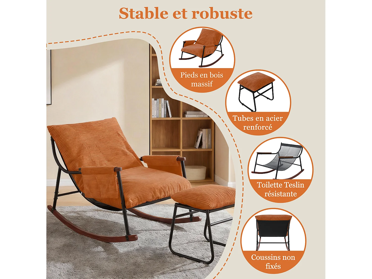 Confort Exceptionnel – Fauteuil à Bascule en Métal avec Accoudoirs en Bois et Repose-pieds, Coussin Épais de 15 cm, Design Moderne en Tissu Rayé, Idéal pour le Salo