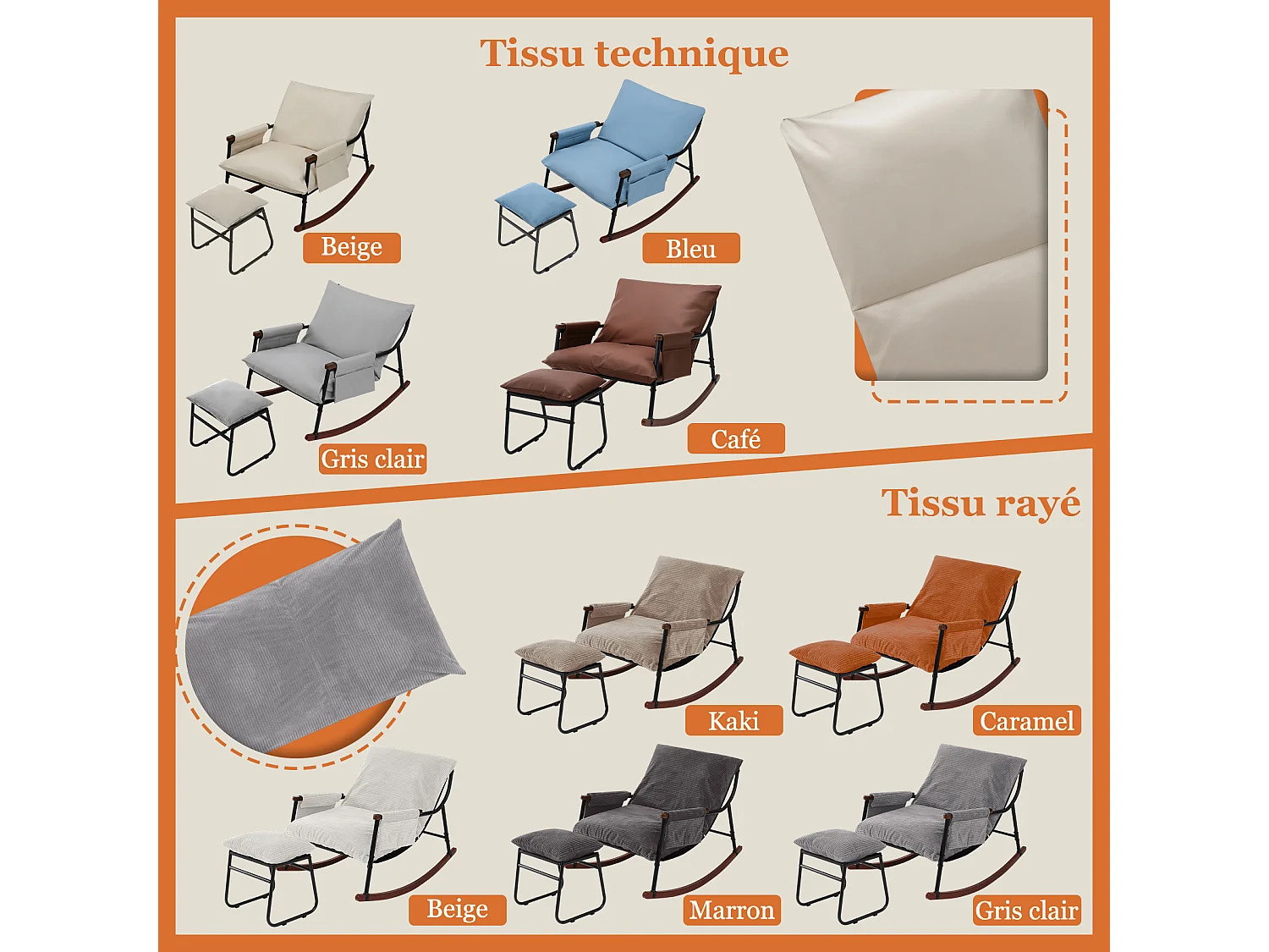 Confort Exceptionnel – Fauteuil à Bascule en Métal avec Accoudoirs en Bois et Repose-pieds, Coussin Épais de 15 cm, Design Moderne en Tissu Rayé, Idéal pour le Salo