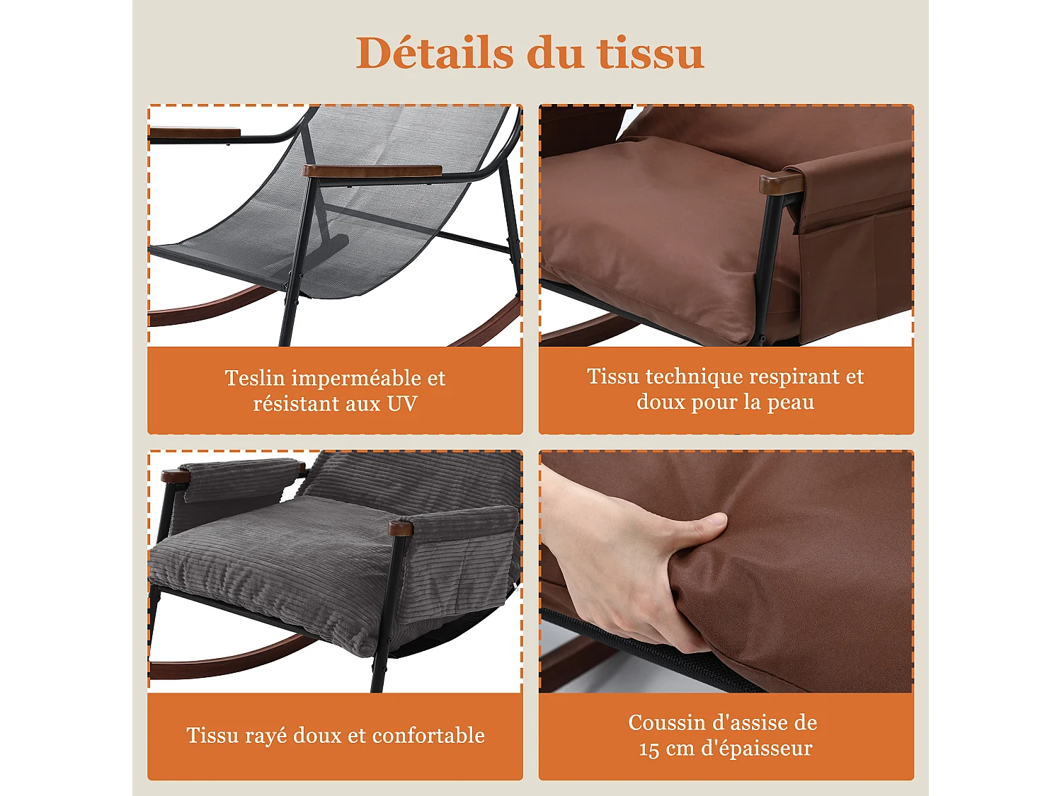 Confort Exceptionnel – Fauteuil à Bascule en Métal avec Accoudoirs en Bois et Repose-pieds, Coussin Épais de 15 cm, Design Moderne en Tissu Rayé, Idéal pour le Salo