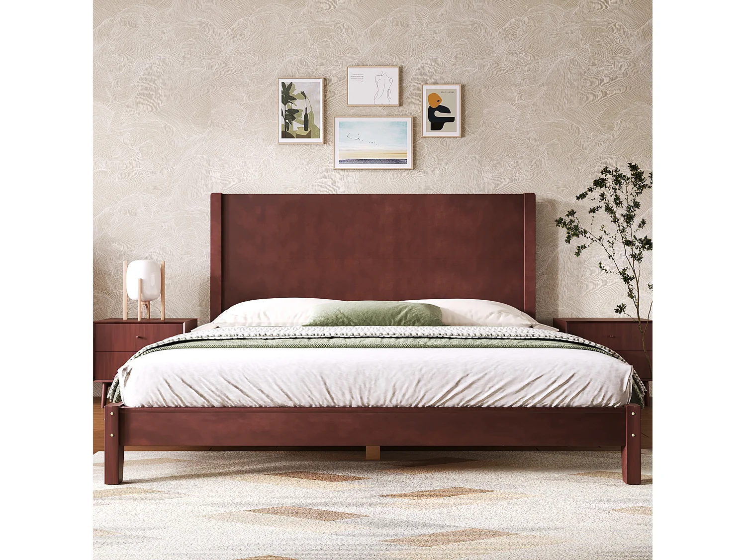 Lit plateforme 160x200 cm avec tête de lit et sommier à lattes, marron, design classique