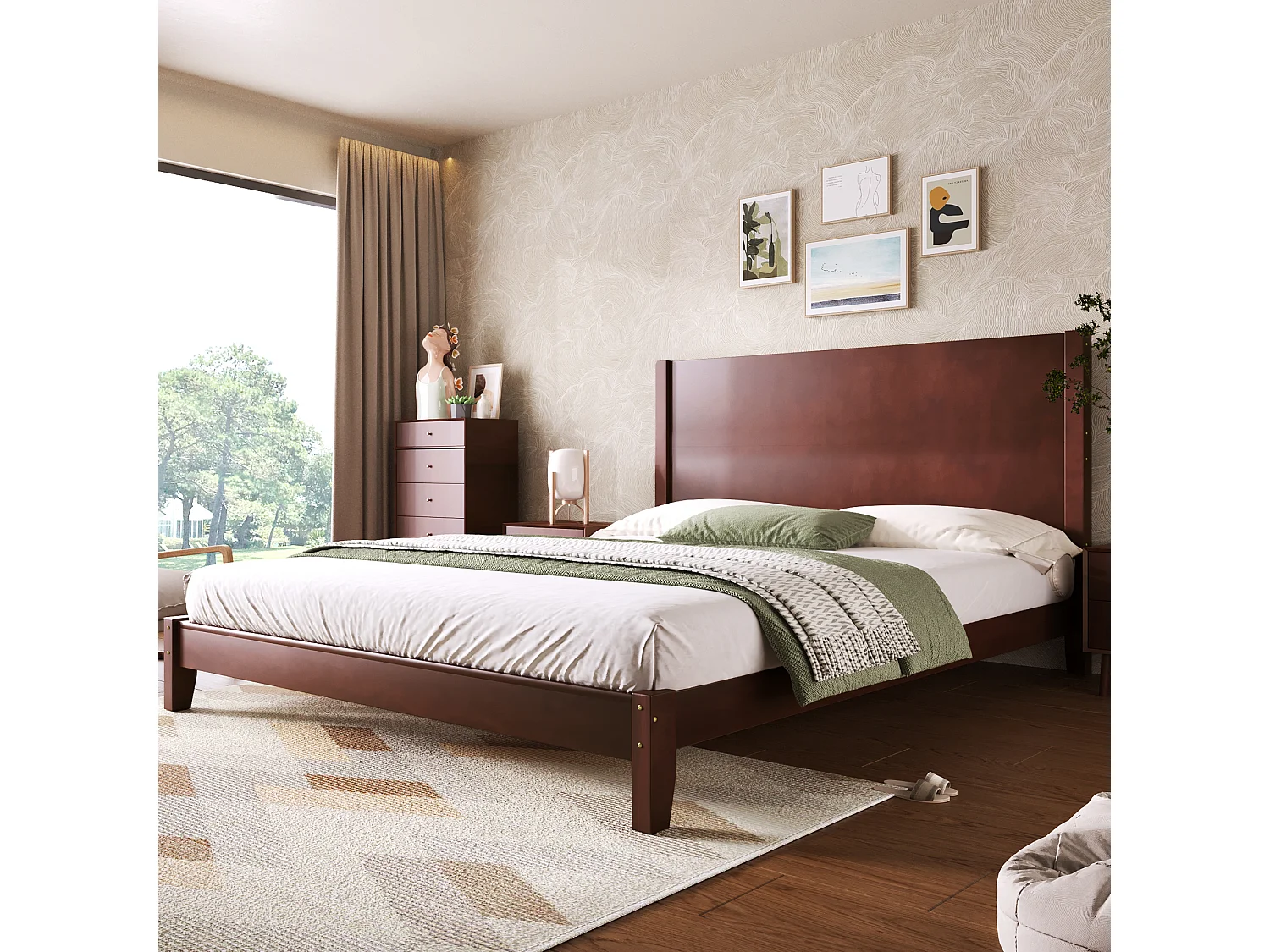 Lit plateforme 160x200 cm avec tête de lit et sommier à lattes, marron, design classique