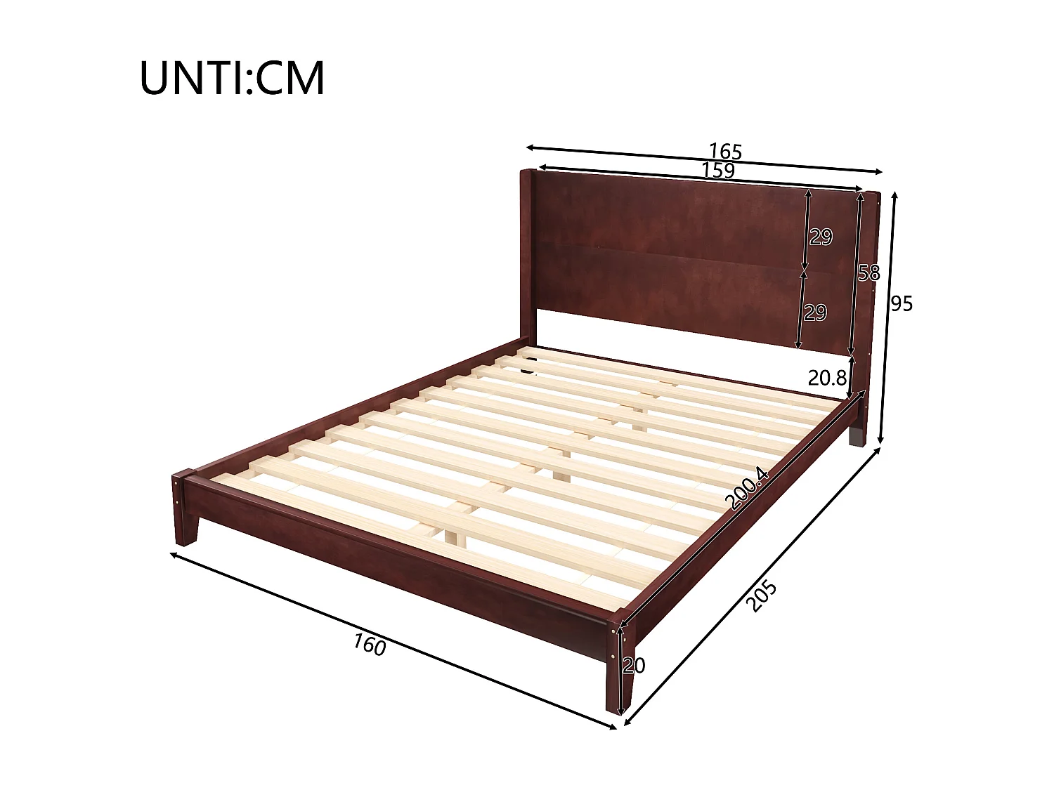 Lit plateforme 160x200 cm avec tête de lit et sommier à lattes, marron, design classique