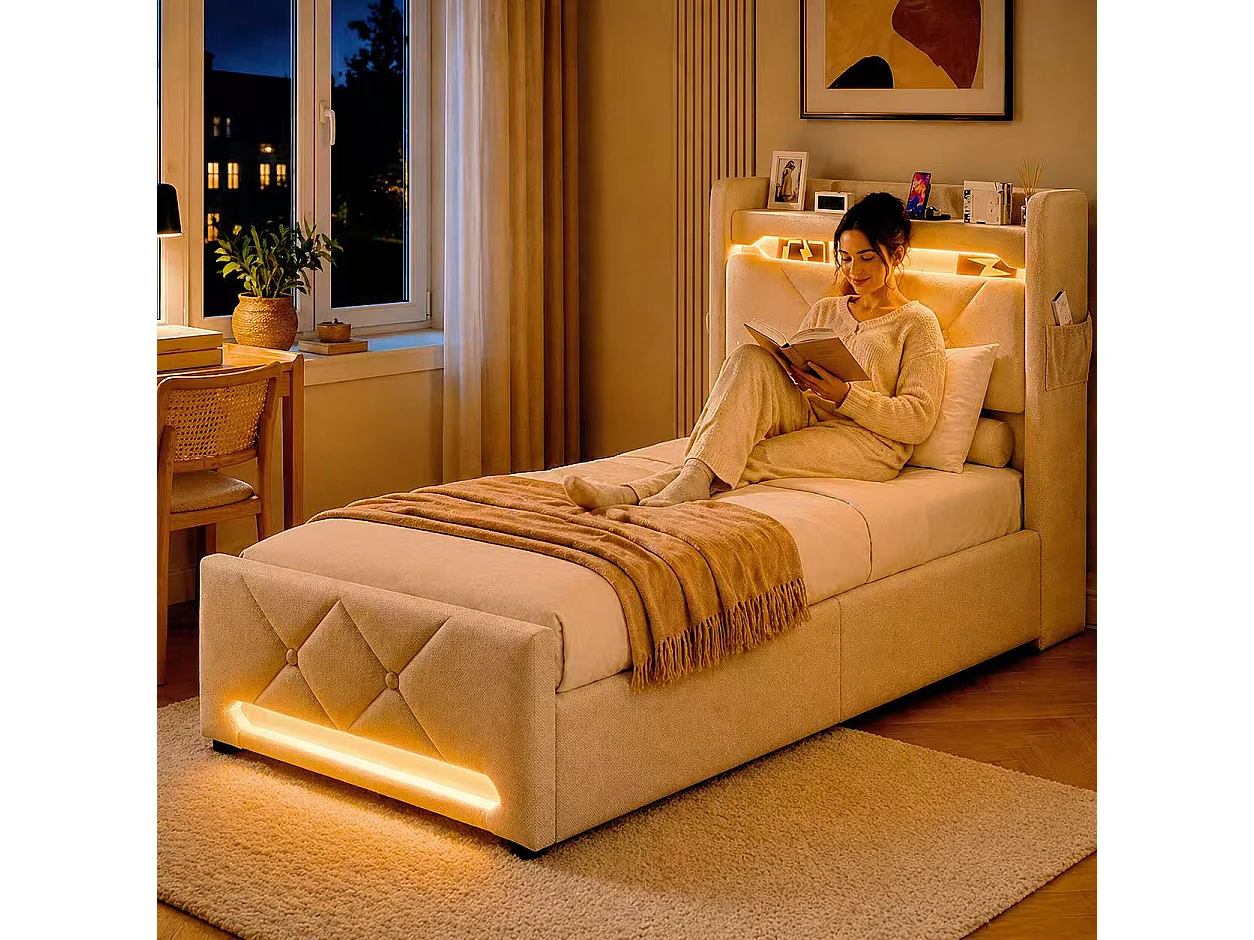 Lit coffre 90x200 - lit simple avec rangement 3 niveaux, LED 360°, 3 USB + USB-C, tissu lin - beige