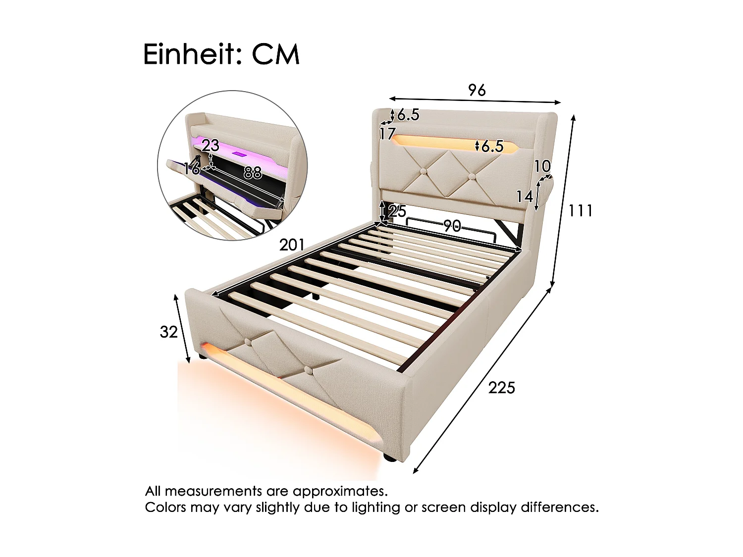 Lit coffre 90x200 - lit simple avec rangement 3 niveaux, LED 360°, 3 USB + USB-C, tissu lin - beige