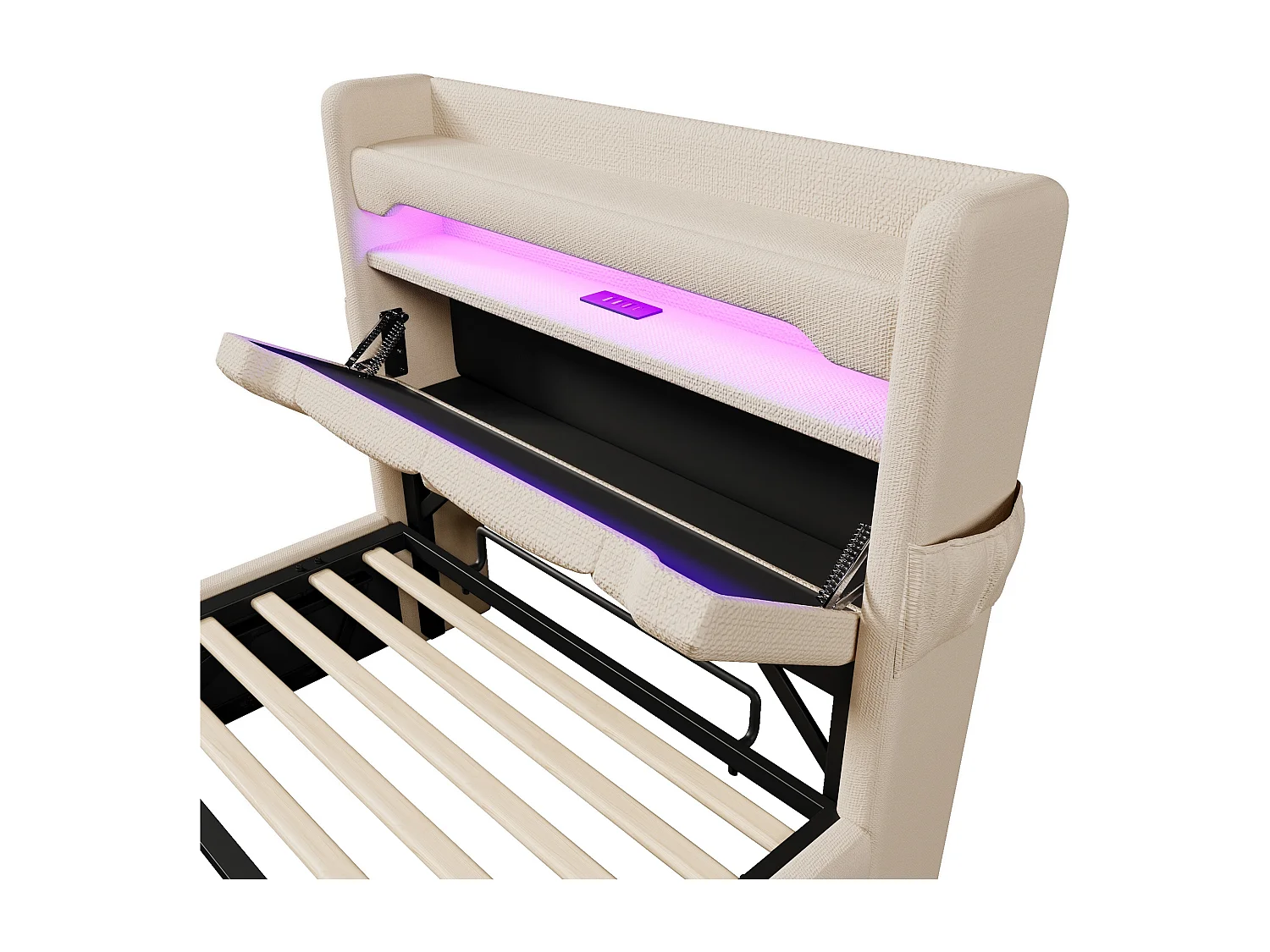 Lit coffre 90x200 - lit simple avec rangement 3 niveaux, LED 360°, 3 USB + USB-C, tissu lin - beige
