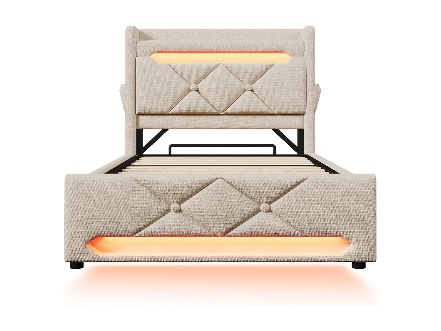 Lit coffre 90x200 - lit simple avec rangement 3 niveaux, LED 360°, 3 USB + USB-C, tissu lin - beige