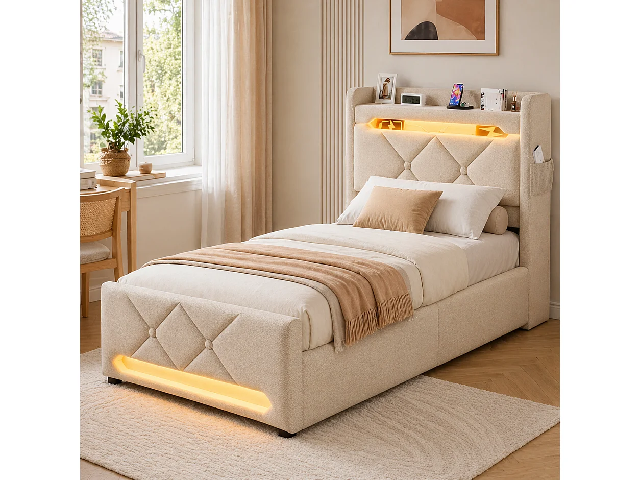 Lit coffre 90x200 - lit simple avec rangement 3 niveaux, LED 360°, 3 USB + USB-C, tissu lin - beige