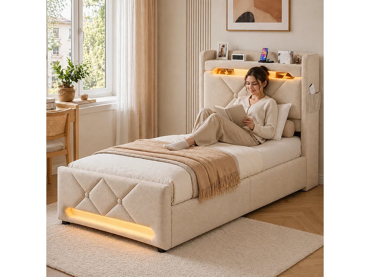 Lit coffre 90x200 - lit simple avec rangement 3 niveaux, LED 360°, 3 USB + USB-C, tissu lin - beige