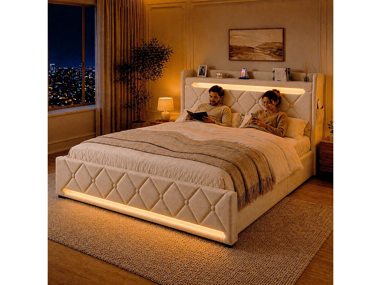 Lit coffre 180x200 - grand lit double avec rangement 3 niveaux, LED 360°, 3 USB + USB-C, lin - beige