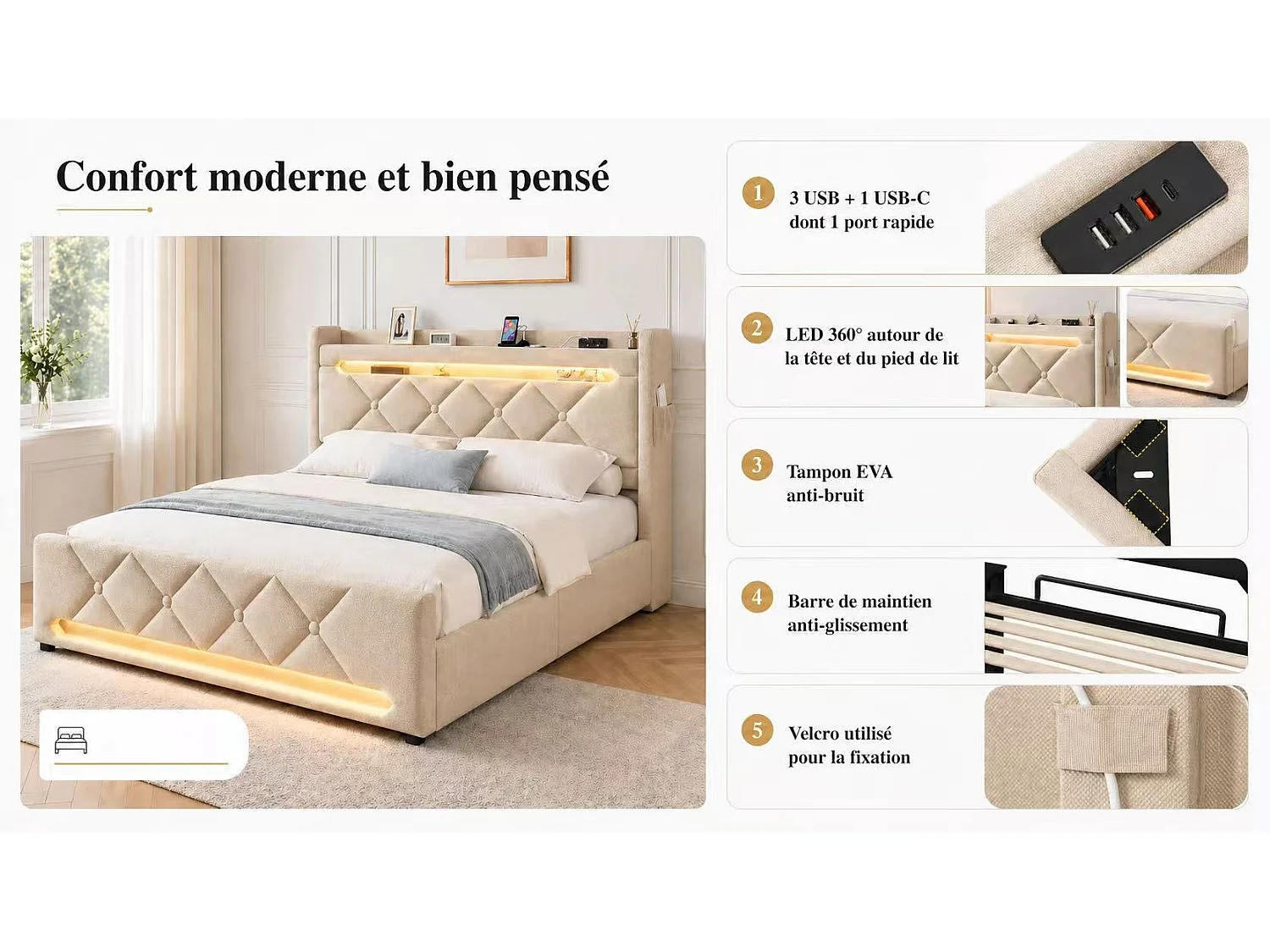 Lit coffre 180x200 - grand lit double avec rangement 3 niveaux, LED 360°, 3 USB + USB-C, lin - beige