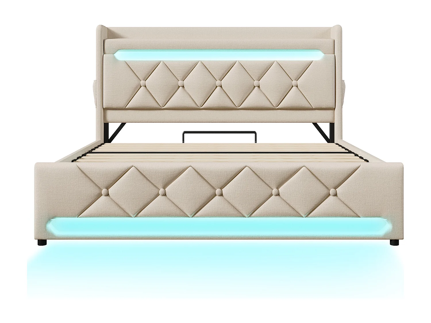 Lit coffre 180x200 - grand lit double avec rangement 3 niveaux, LED 360°, 3 USB + USB-C, lin - beige
