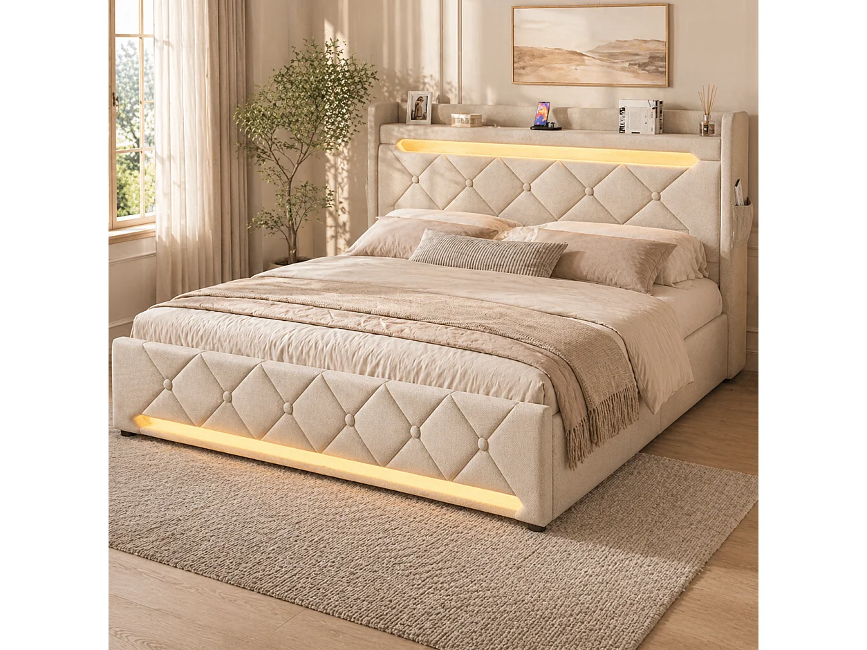 Lit coffre 180x200 - grand lit double avec rangement 3 niveaux, LED 360°, 3 USB + USB-C, lin - beige