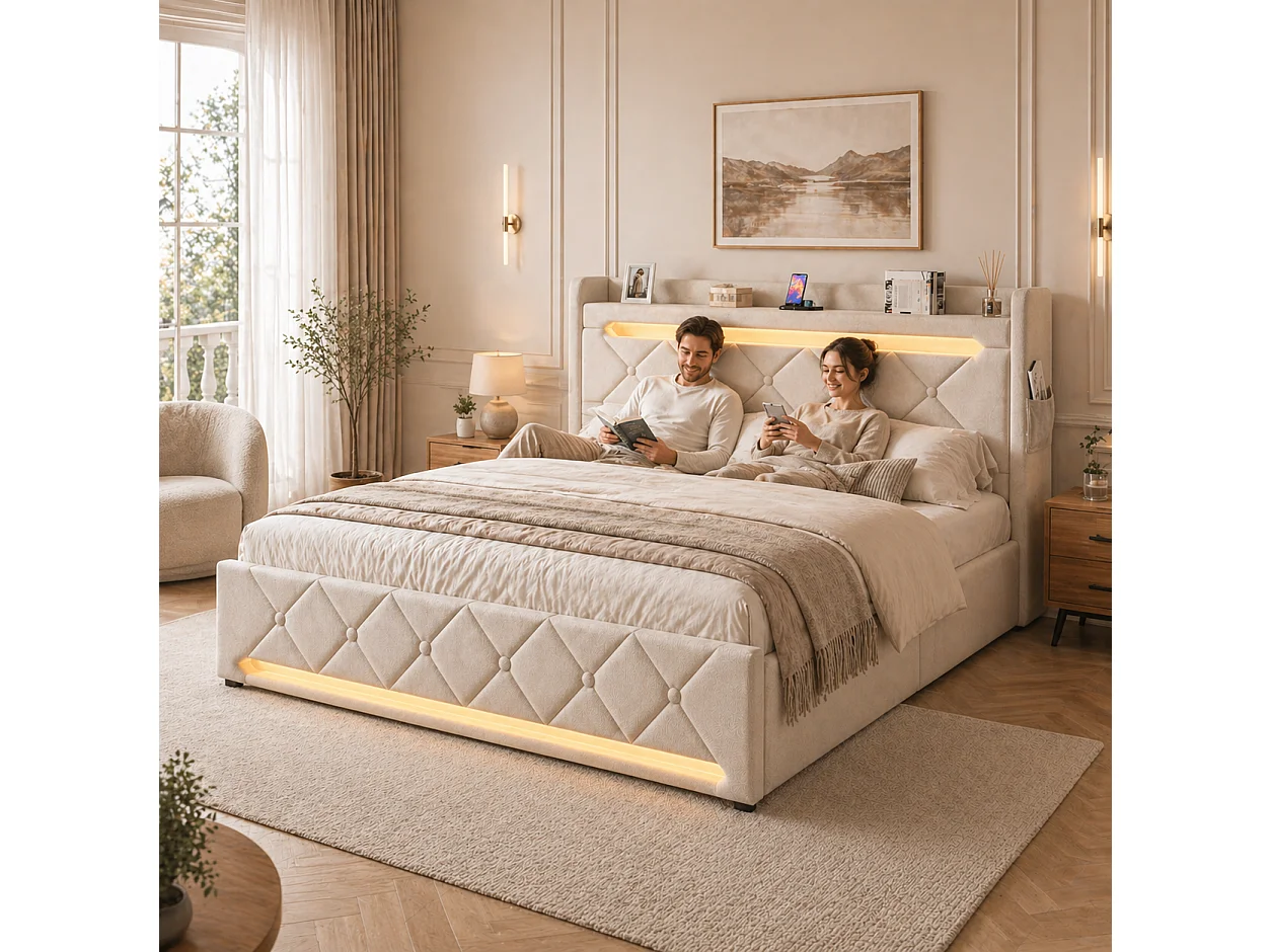 Lit coffre 180x200 - grand lit double avec rangement 3 niveaux, LED 360°, 3 USB + USB-C, lin - beige