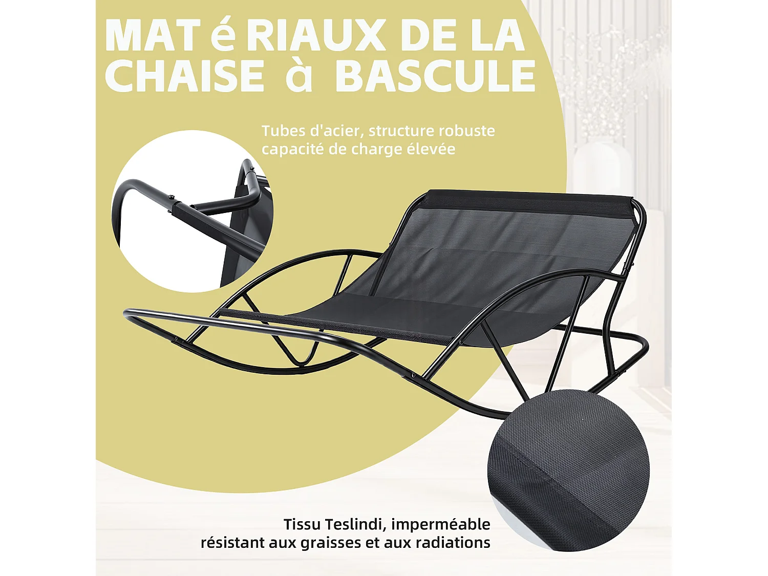 Fauteuil à bascule 2 places avec coussin en tissu technique – chaise lounge moderne à structure en acier pour balcon, terrasse ou salon