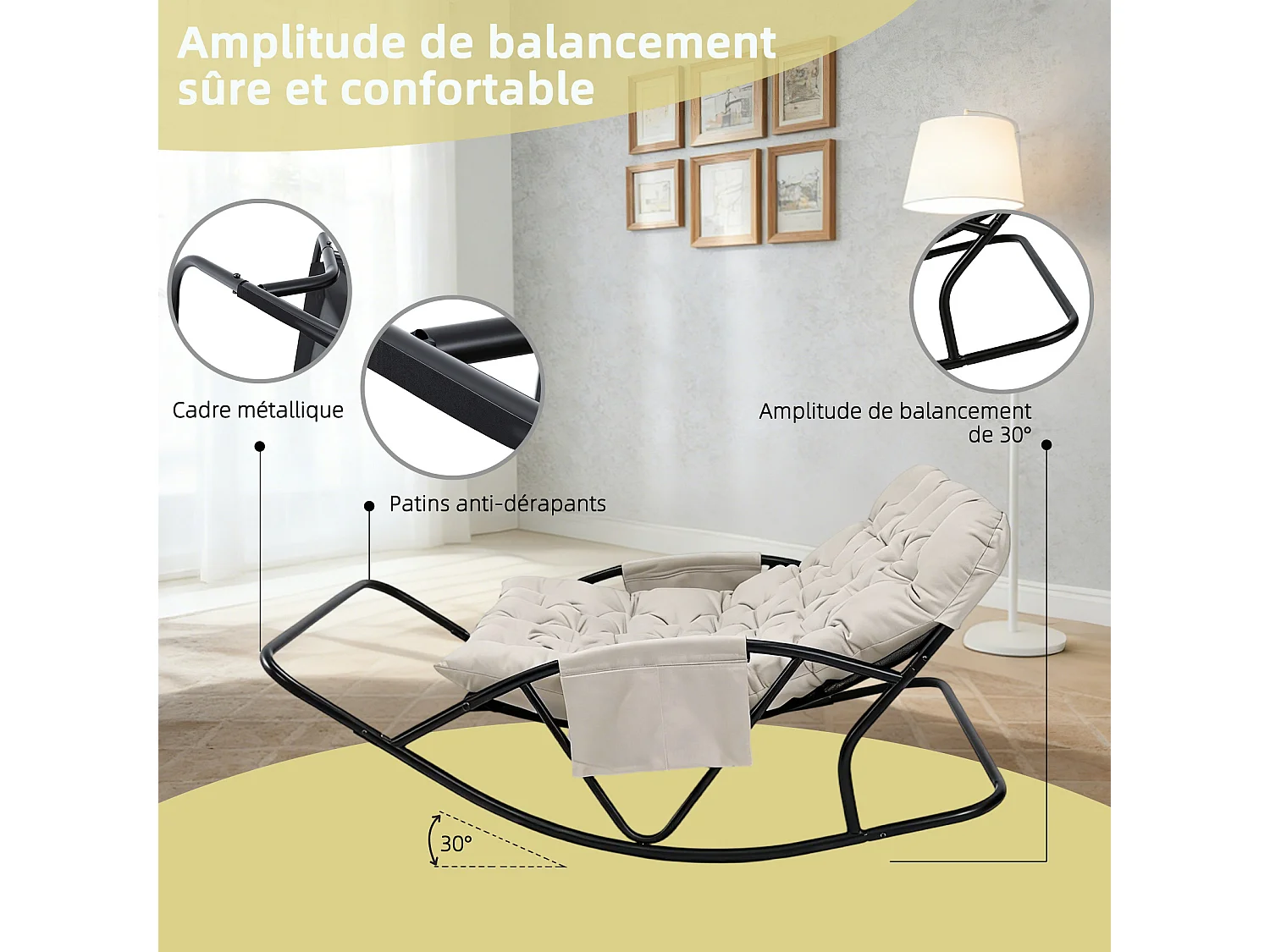 Fauteuil à bascule 2 places avec coussin en tissu technique – chaise lounge moderne à structure en acier pour balcon, terrasse ou salon