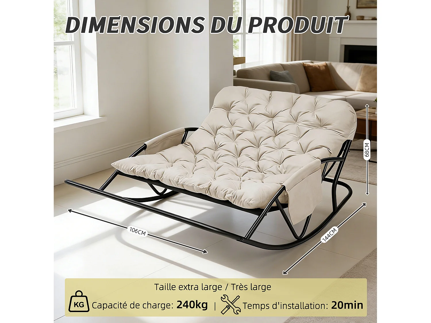 Fauteuil à bascule 2 places avec coussin en tissu technique – chaise lounge moderne à structure en acier pour balcon, terrasse ou salon